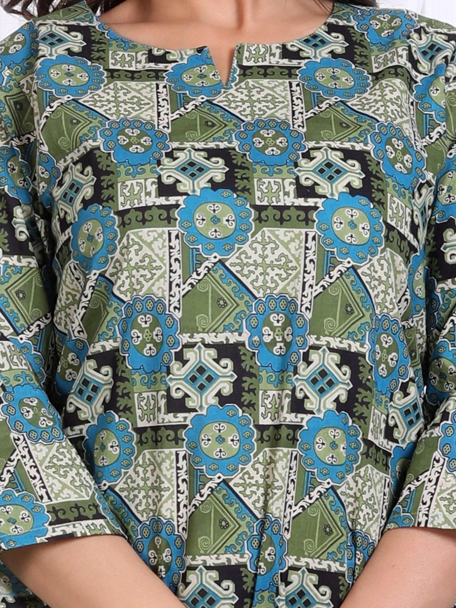 Kaftanize Green Geo Floral Printed Cotton Tunic with Pant