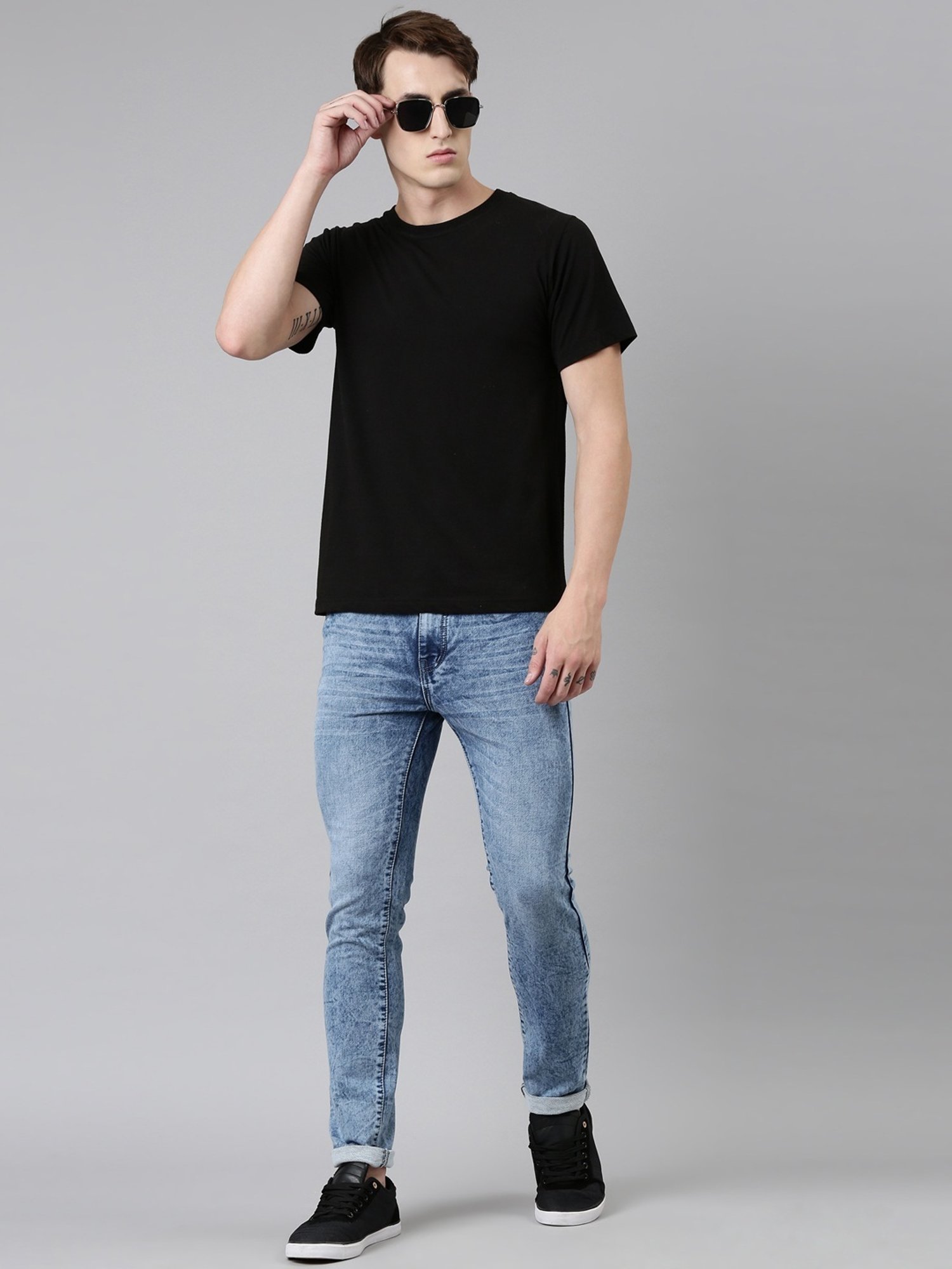 CINOCCI Sky Blue Cotton Slim Fit Jeans