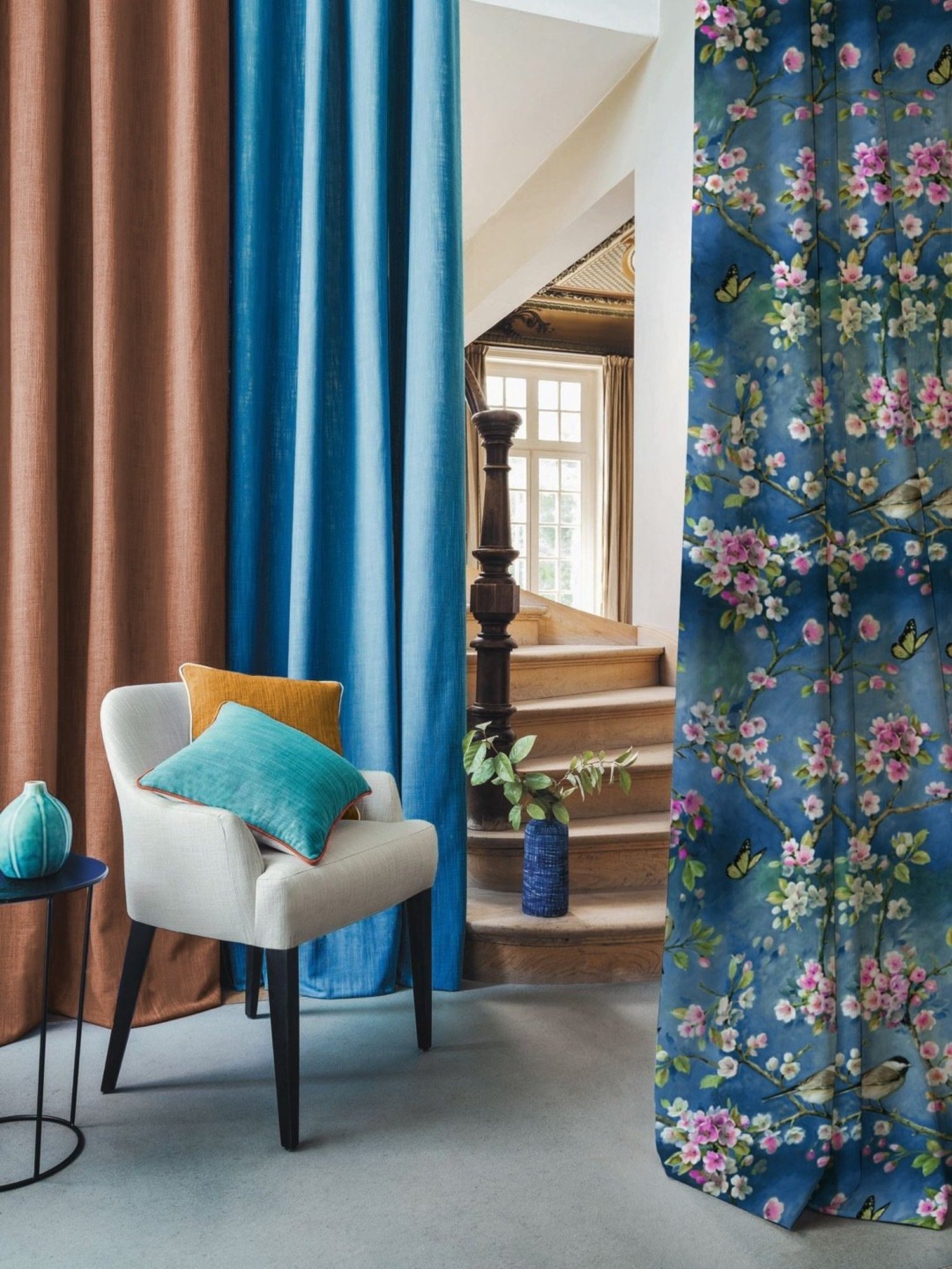 SPACES DRAPE STORY Elegent Navy Blue & Pink Polyester 8 FT Door Curtain - Set of 2