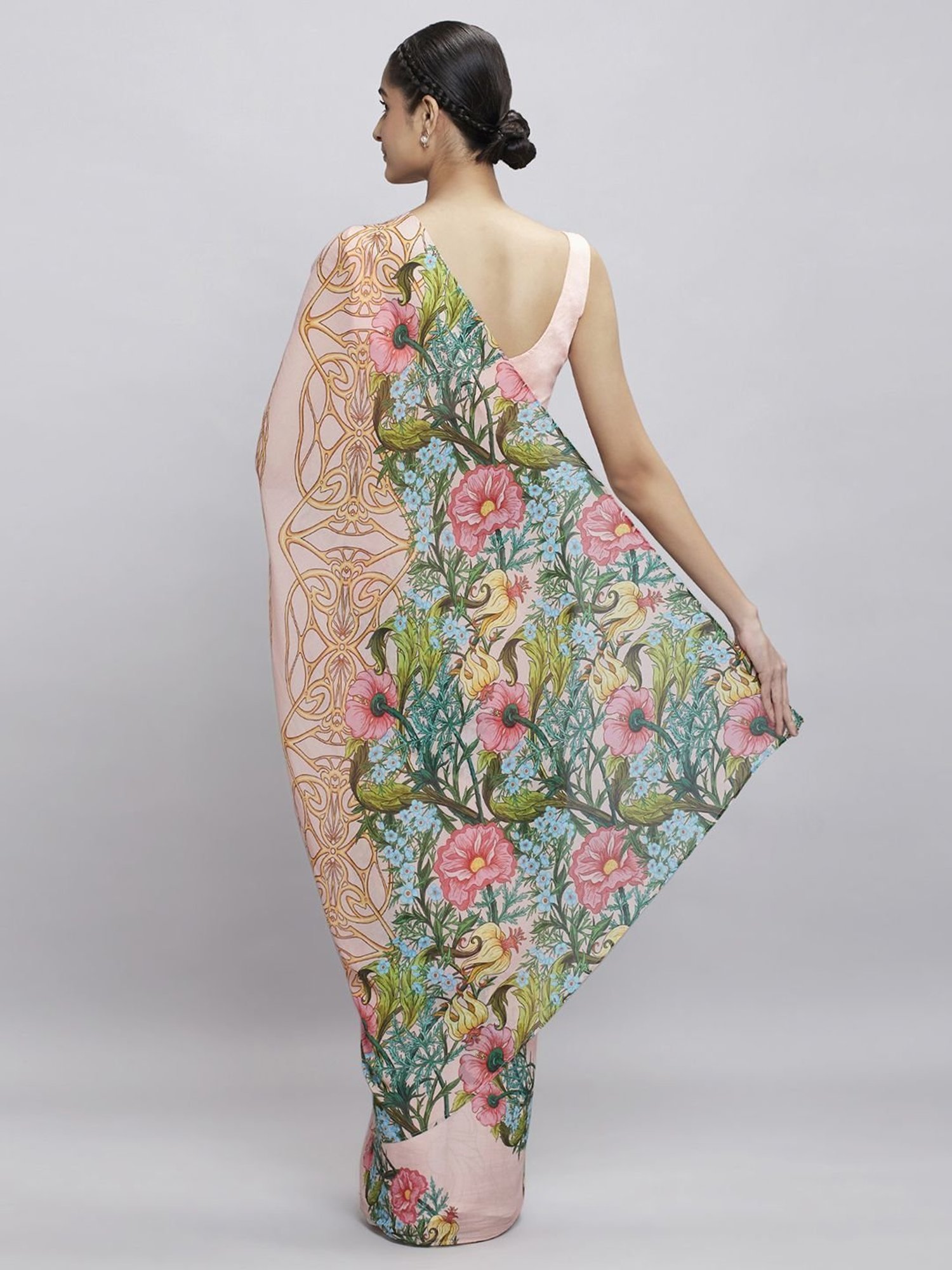 navyasa by liva Light Peach Floral Print Saree With Unstitched Blouse