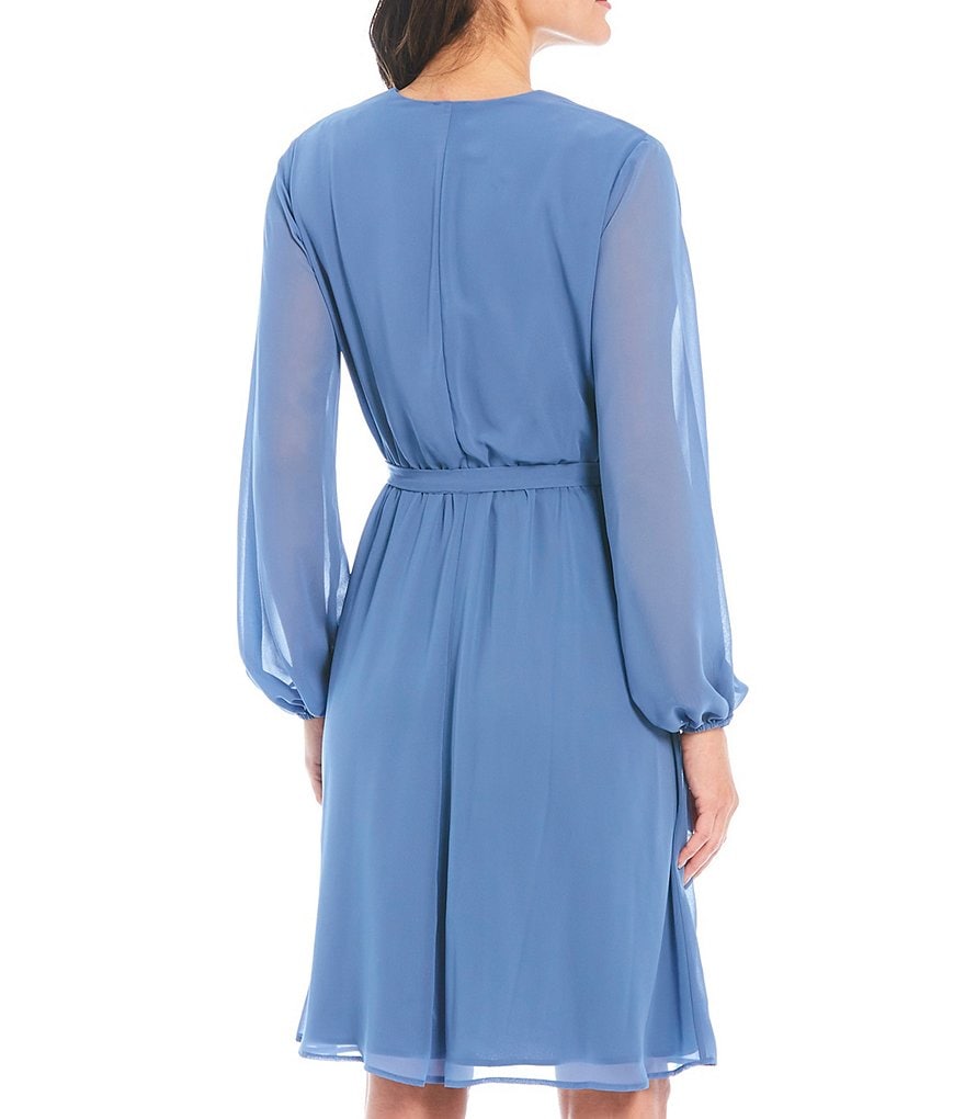 Marina Long Sleeve V-Neck Tie Front Chiffon Wrap Dress