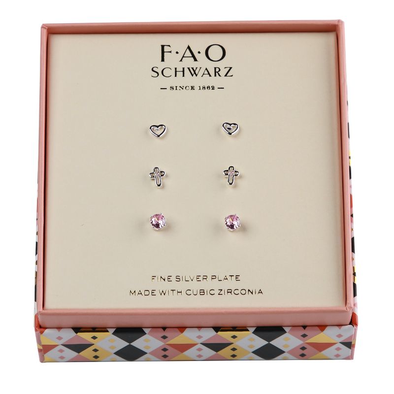 FAO Schwarz Cross, Heart and Pink Stud Trio Earring Set