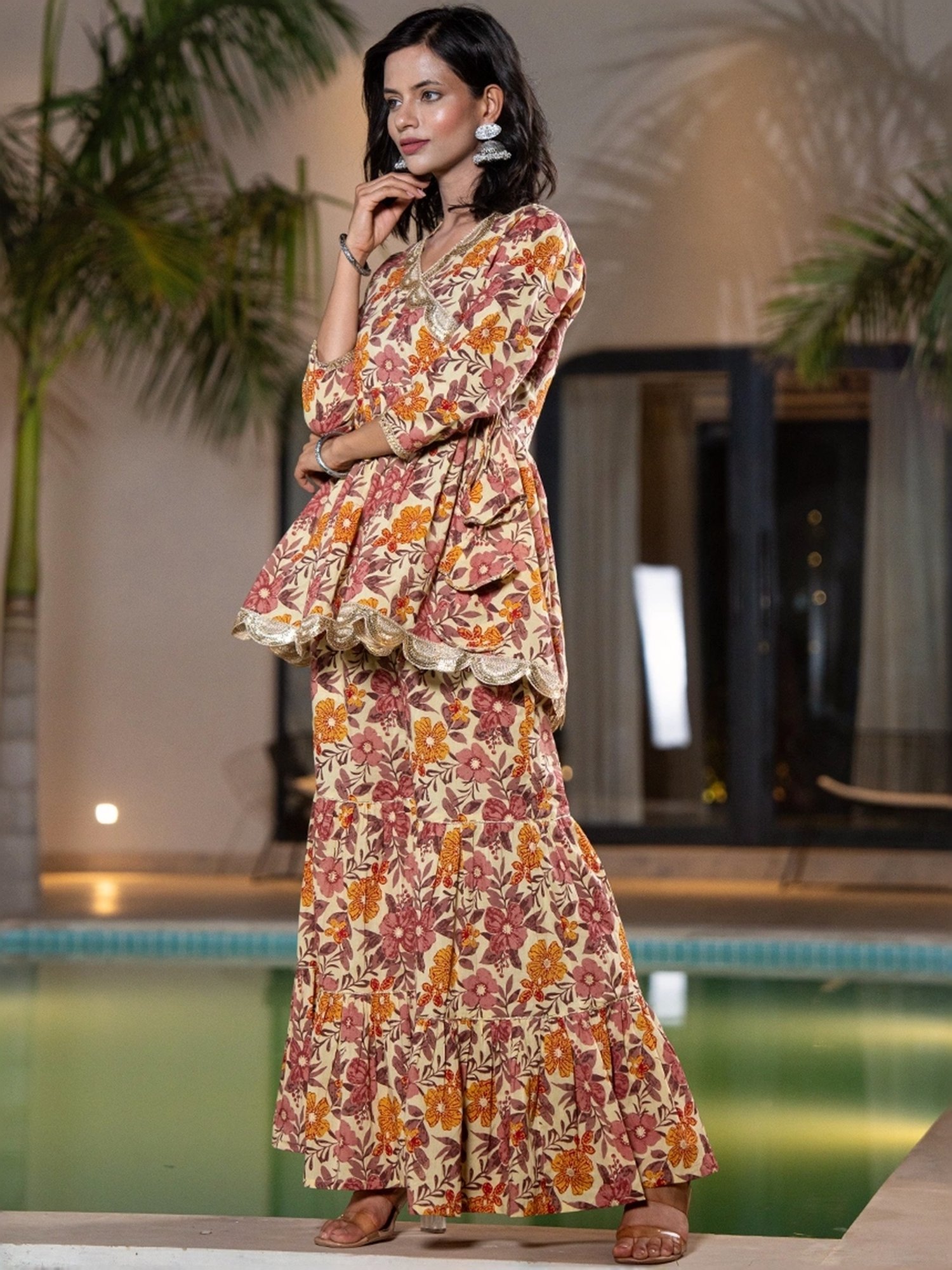 Yufta Beige & Pink Cotton Printed Top Sharara Set