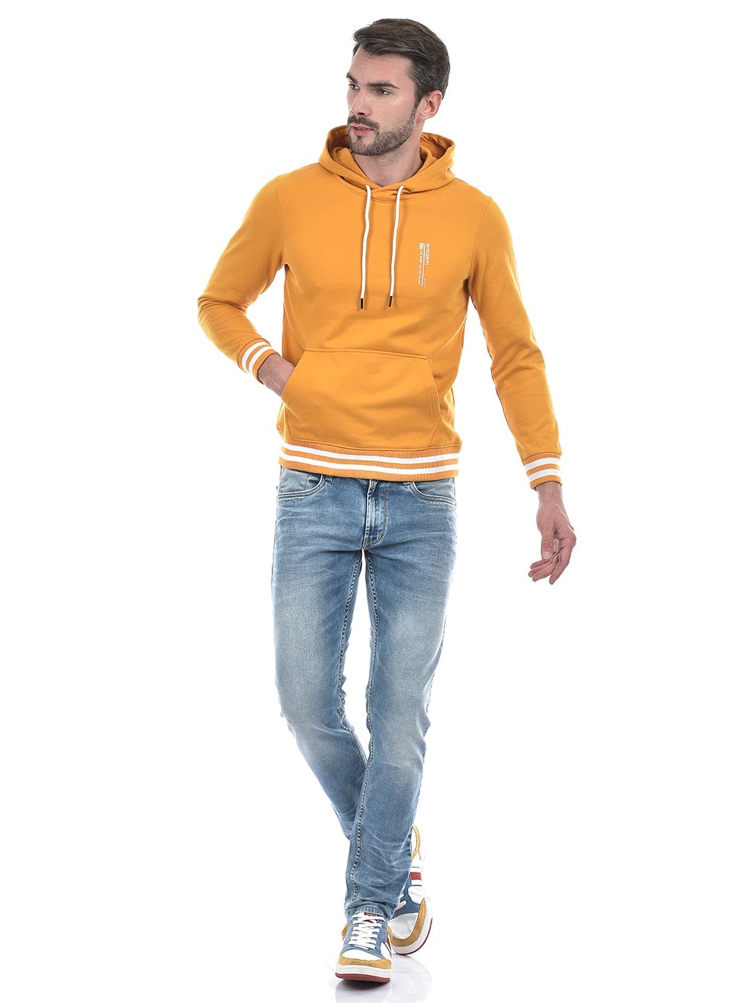 Integriti Mustard Regular Fit Striped Hooded Sweatshirt