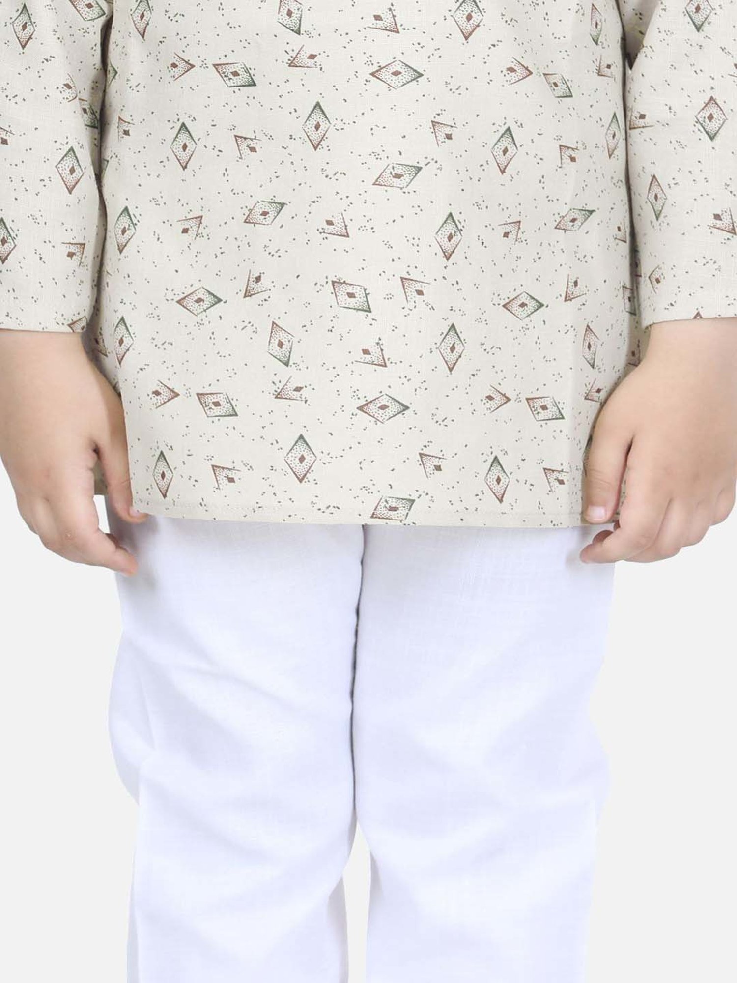 AJ Dezines Kids Beige & White Cotton Printed Full Sleeves Kurta Set