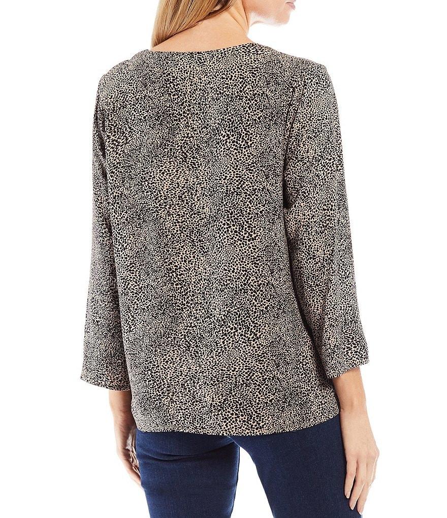 Bobeau Animal Print Woven V-Neck Button Up 3/4 Sleeve Tie-Front Top