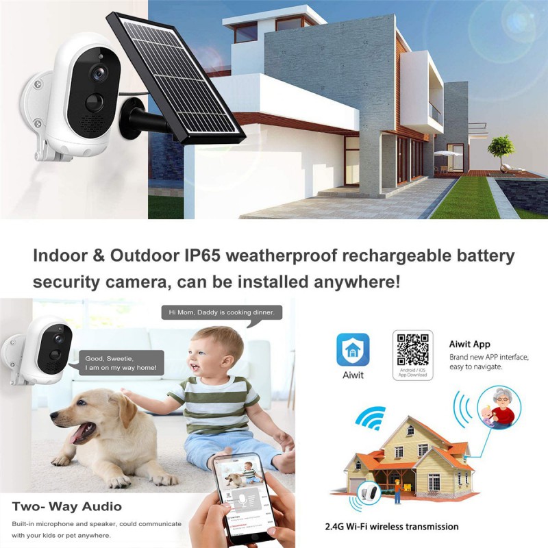 Ochine Solar Powered Wireless Home Security System, 1080P Outdoor WiFi Camera Surveillance Camera, Night Vision, Human Motion Detection, 2-Way Audio, Cloud, IP65 Weatherproof