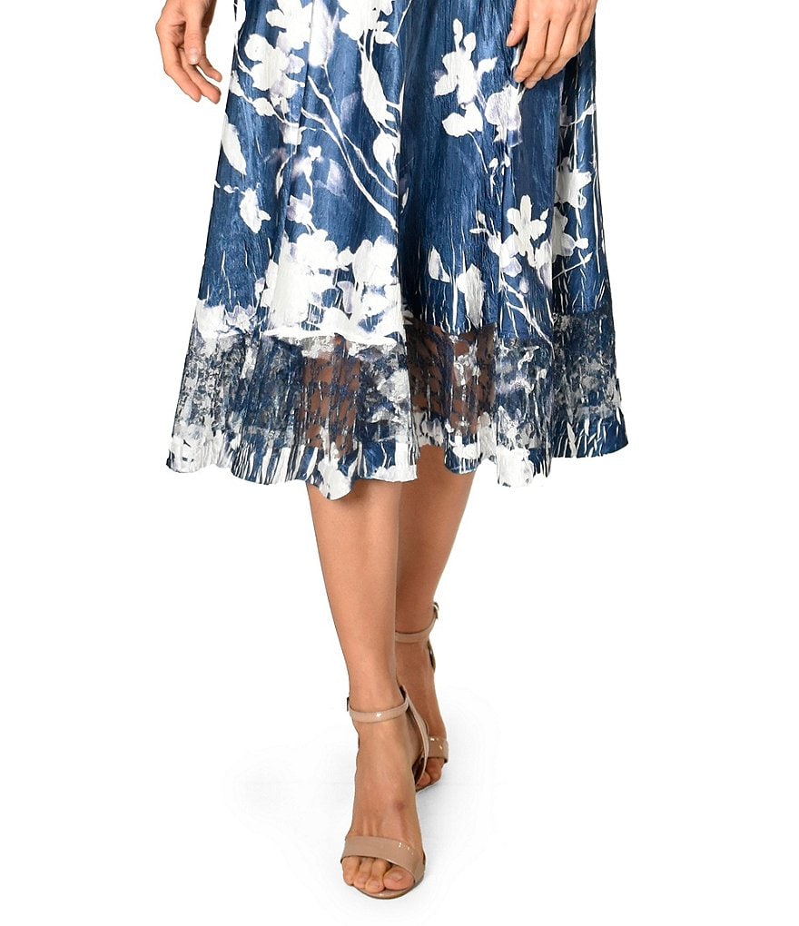 Komarov V-Neck 3/4 Sleeve Midnight Vine Floral Charmeuse Midi Dress