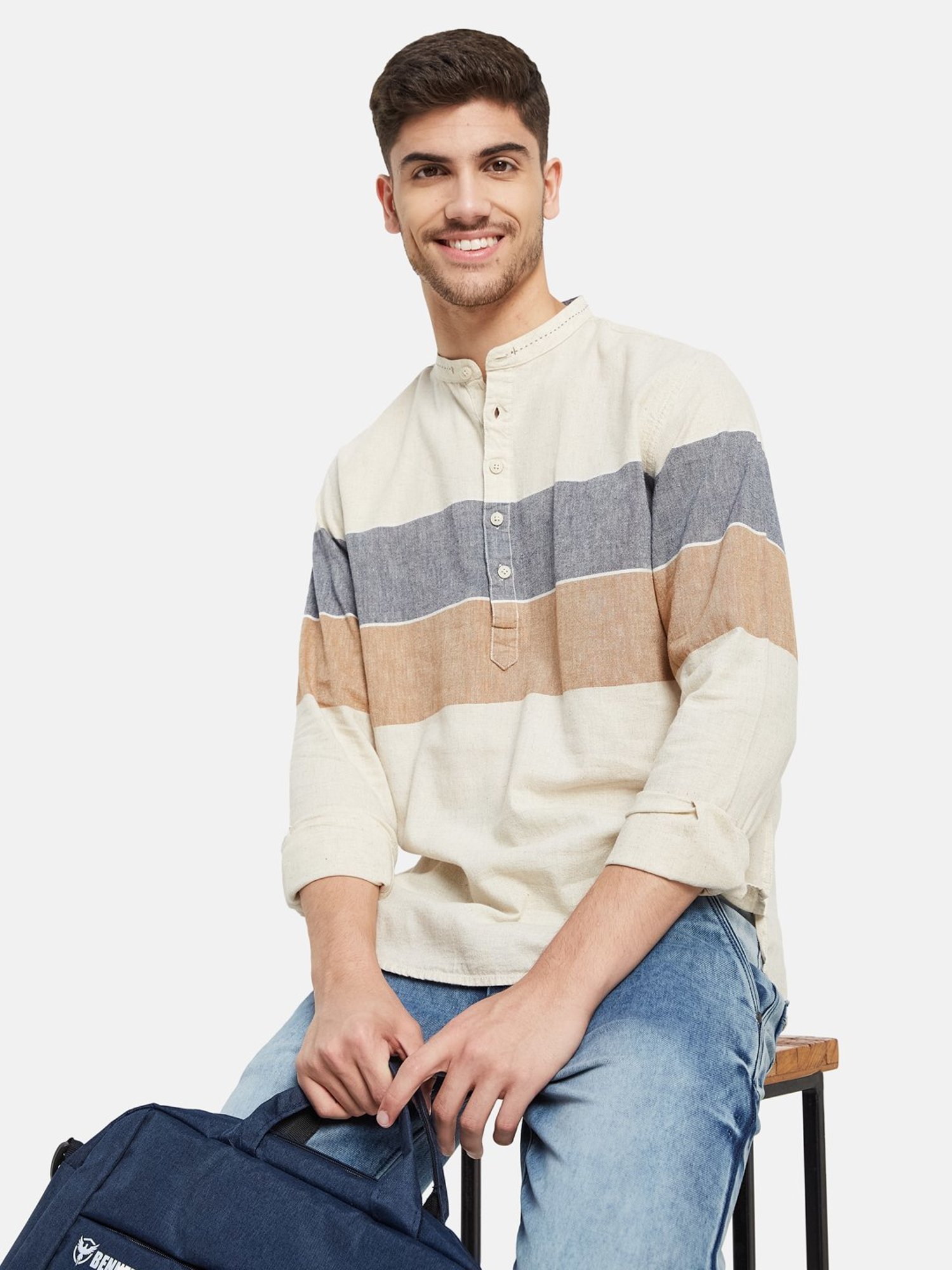 METTLE Natural Cotton Regular Fit Colour Block Shirt