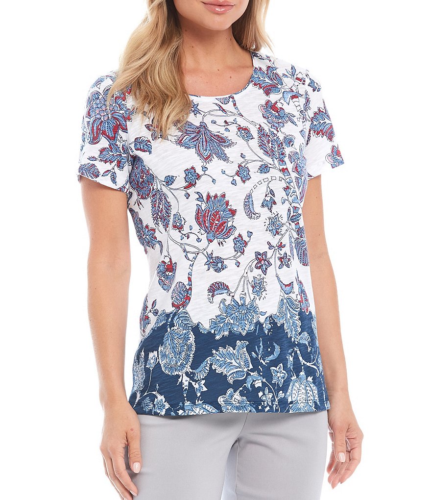 Allison Daley Paisley Vine Border Slub Jersey Jewel Neck Lace Back Yoke Short Sleeve Top