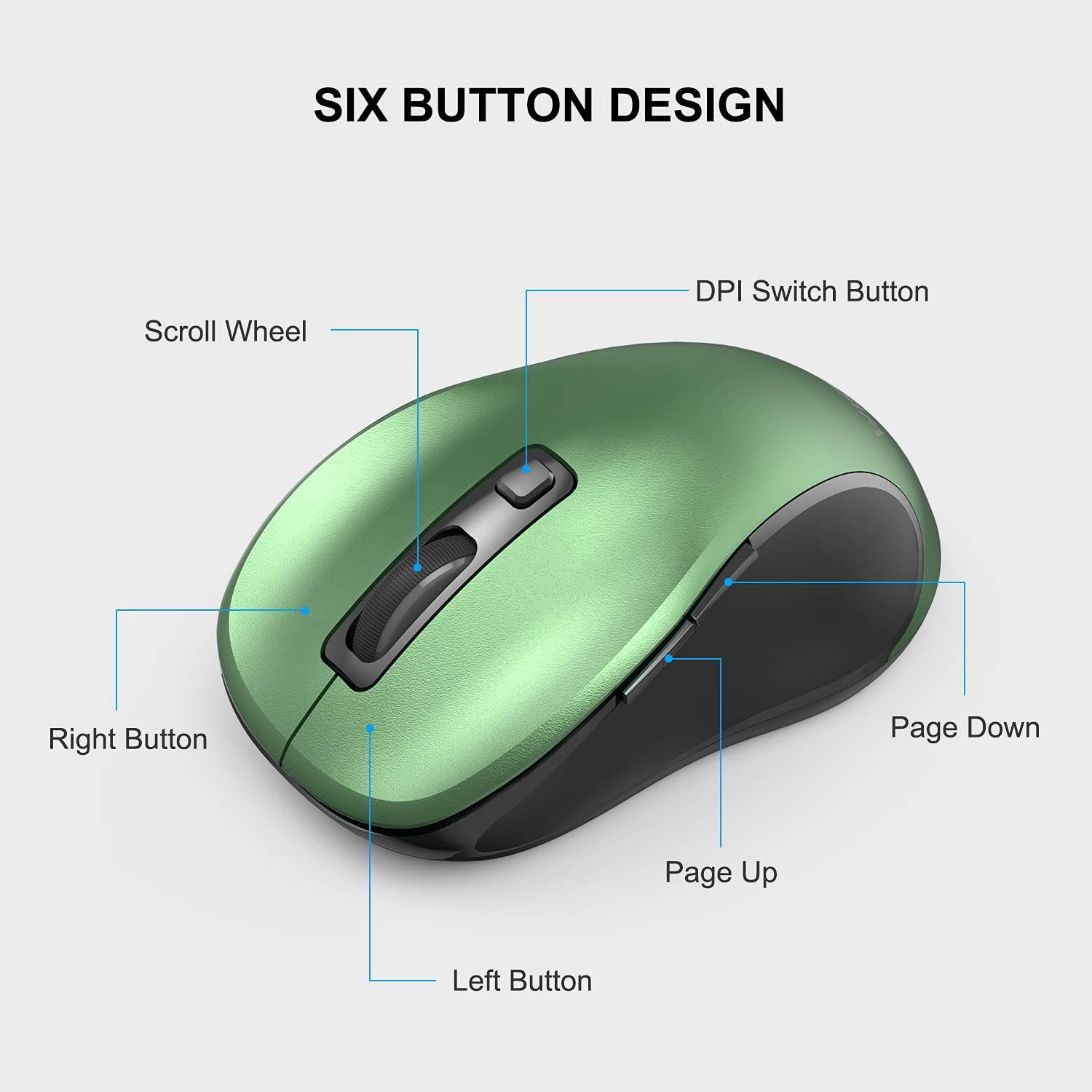 WisFox 2.4G Wireless Mouse for Laptop Ergonomic Computer Mouse with USB Receiver and 3 Adjustable Levels 6 Button Cordless Mouse Wireless Mice for Windows Mac PC Notebook (Metallic Green)