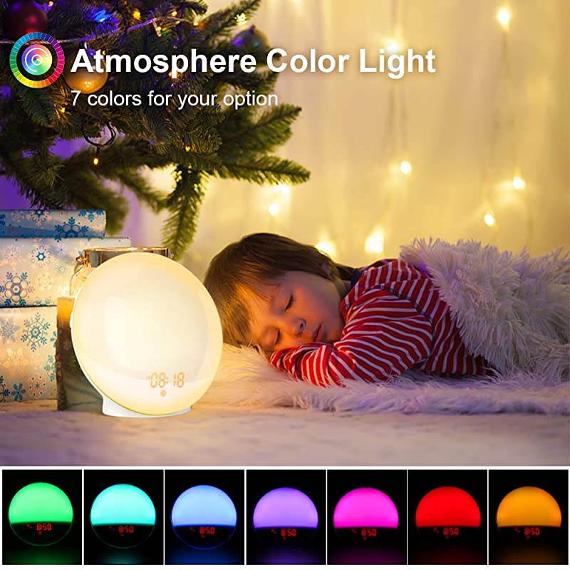 Sunrise Alarm Clock  Upgrade Smart Wake Up Light Compatible with AlexaEchoGoogle 8 Colors Sunrise Simulation and Sunset Fading Night Light for Bedrooms with FM Radio 4 AlarmsSnooze