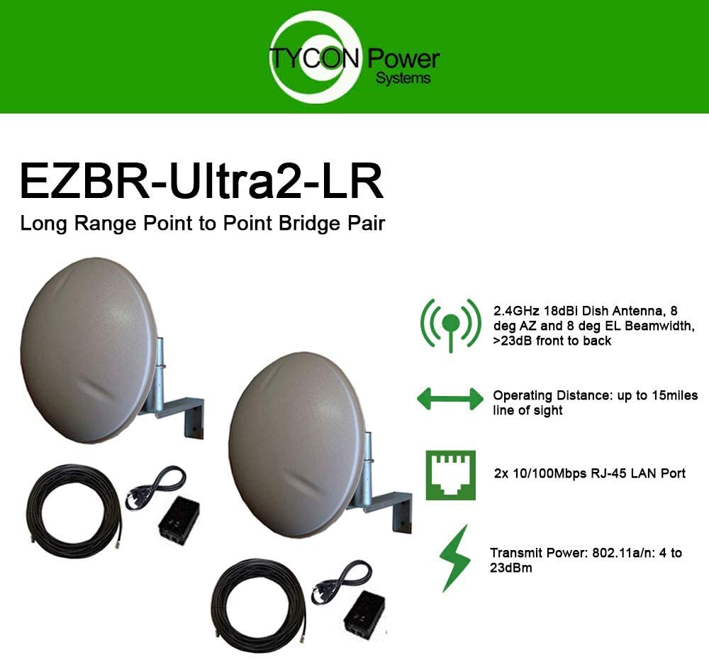 Tycon Systems EZBR-Ultra2-LR 100Mbps Long Range Point to Point Bridge System - Plug and Play44; 2GHz