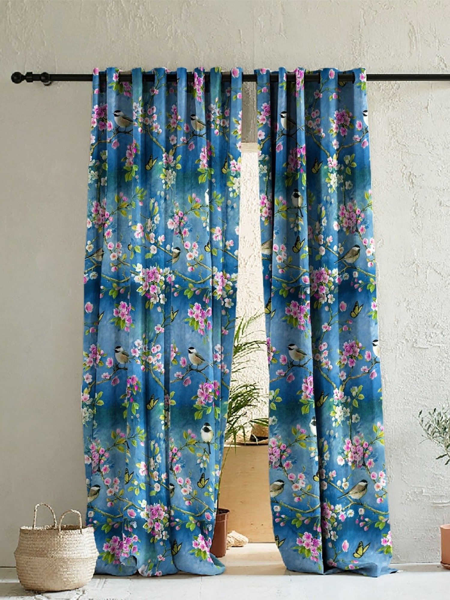 SPACES DRAPE STORY Elegent Navy Blue & Pink Polyester 8 FT Door Curtain - Set of 2