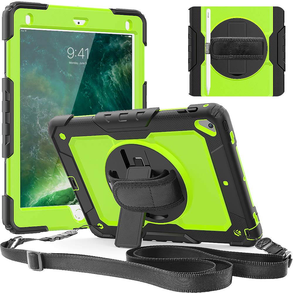 IPad 5th/6th Generation Case,Shockproof, Drop proof, 360 Degree Rotation Kickstand, Hand Strap,Shoulder Strip to Hang in Car Seat.Built-in Screen Protector for New iPad 9.7 2018/2017 Case