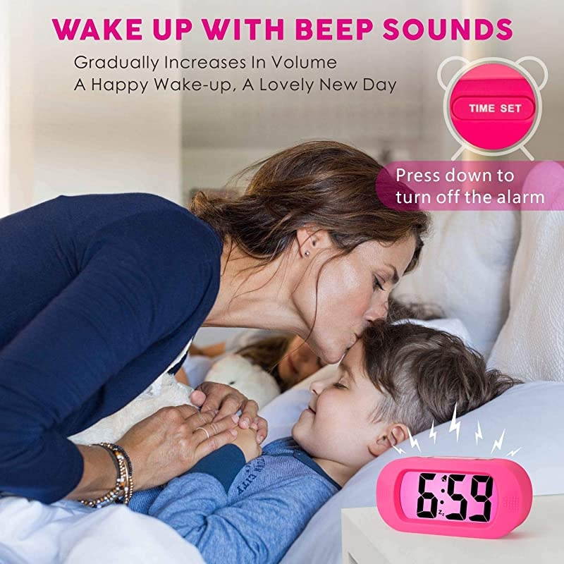 Kids Alarm Clock  Large Digital LCD Travel Alarm Clocks with Snooze and Night Light Ascending Sound and Handheld Sized Best Gift for Kids Pink