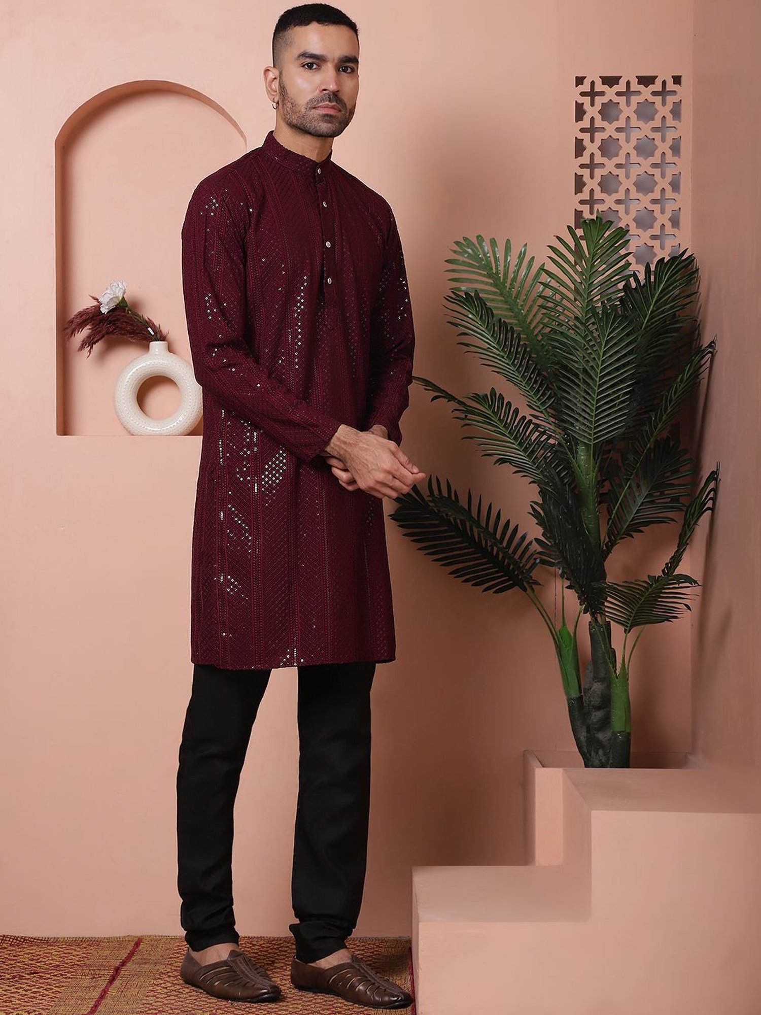 Jompers Purple Ragular Fit Embroidered Kurta Bottom Set