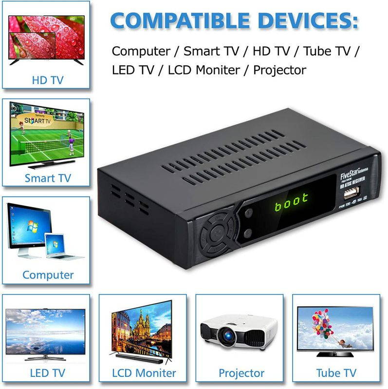 Five Star HD Digital TV CONVERTER BOX w/ 1080p HDMI Output, ATSC, 40 Miles Over The Air(OTA) Flat Antenna & Amplifier, Daily/Weekly Scheduled PVR Recorder w. TV Control Learning Buttons