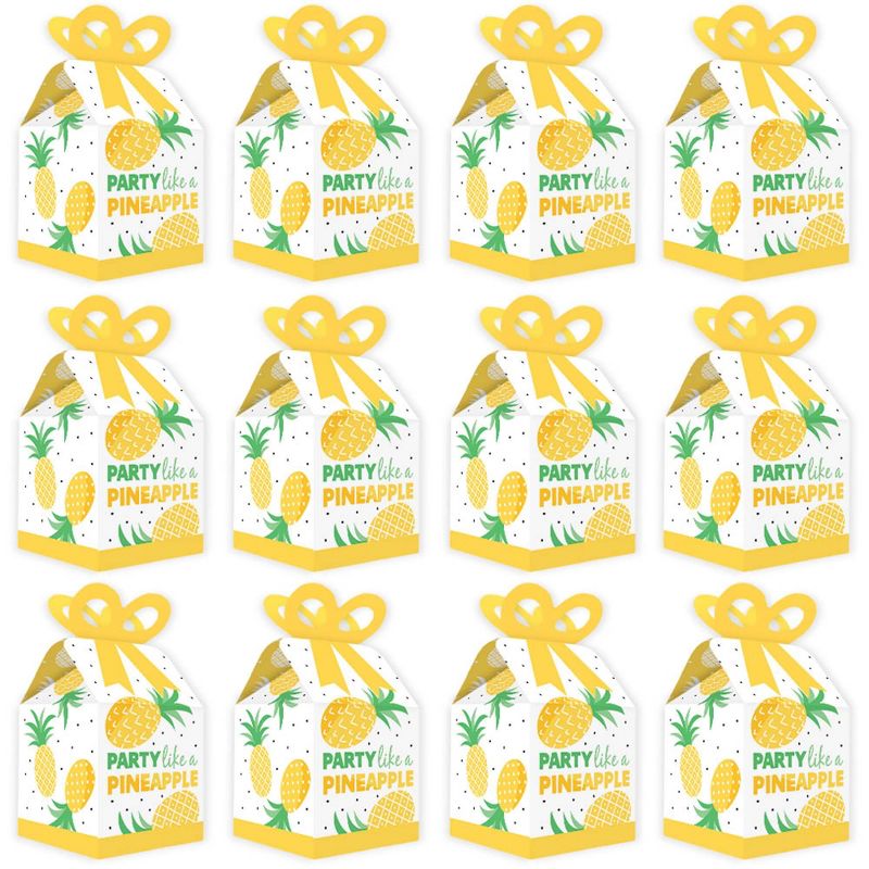 Big Dot of Happiness Tropical Pineapple - Square Favor Gift Boxes - Summer Party Bow Boxes - Set of 12