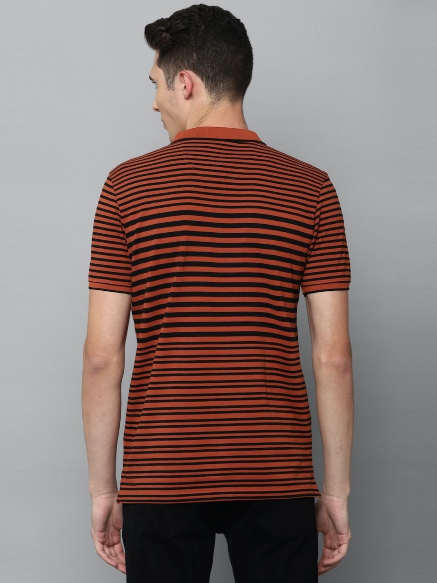 Louis Philippe Sport Black & Orange Cotton Slim Fit Striped Polo T-Shirt