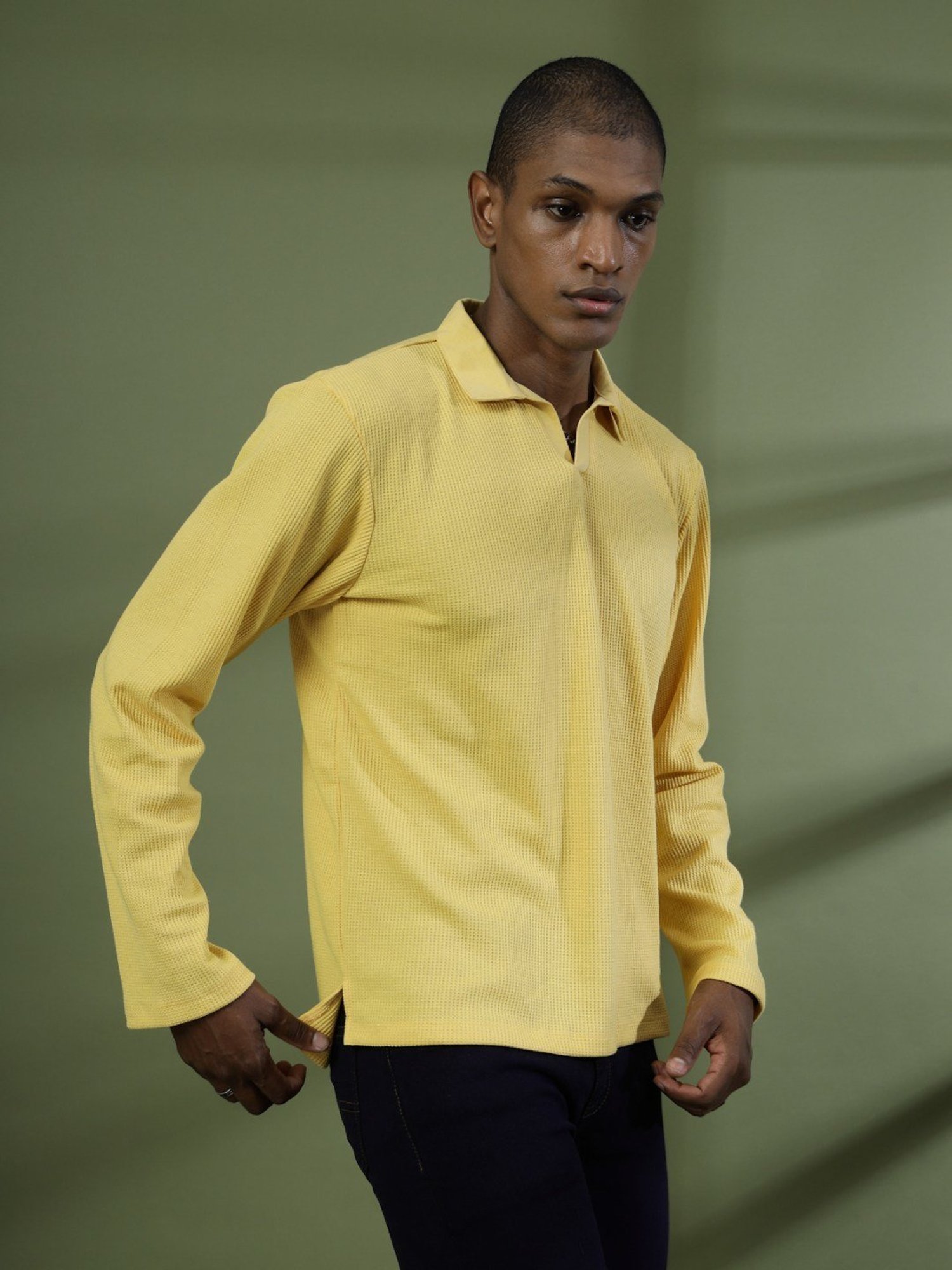 Rigo Yellow Cotton Boxy Fit Texture Polo T-Shirt