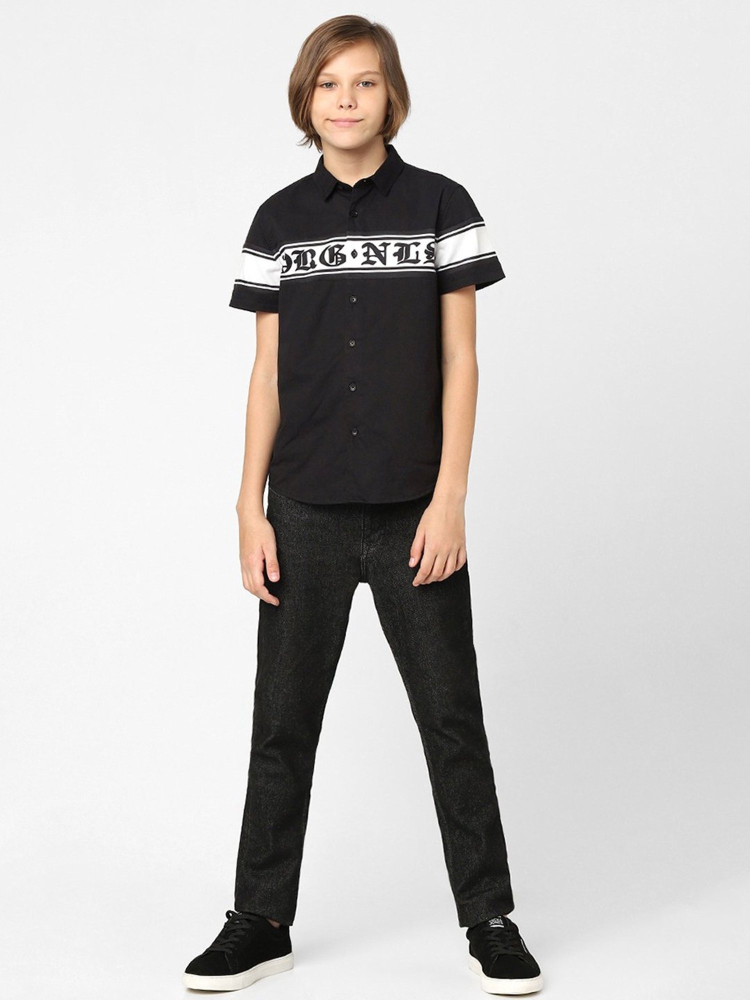 Jack & Jones Junior Black & White Cotton Printed Shirt