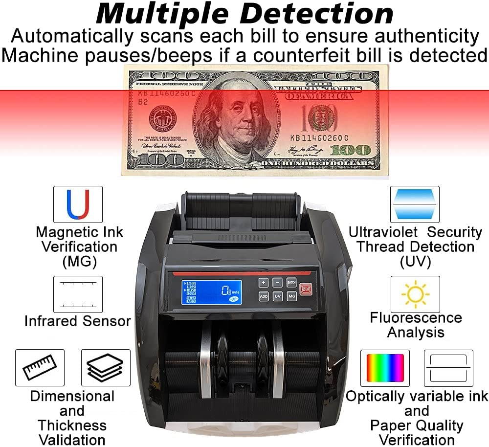 USA Business Grade Money Counter with UV/MG Counterfeit Detection - Top Loading Bill Counting Machine w/Batch Modes - Additional Display - Fast Counting Speed 1000 Notes/min