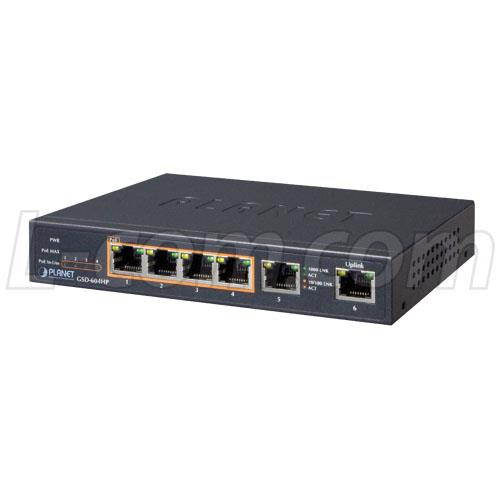 PLANET Technology - GSD-604HP - 4-Port 10/100/1000T 802.3at POE + 2-Port 10/100/1000T Desktop Switch (55W POE Budget,