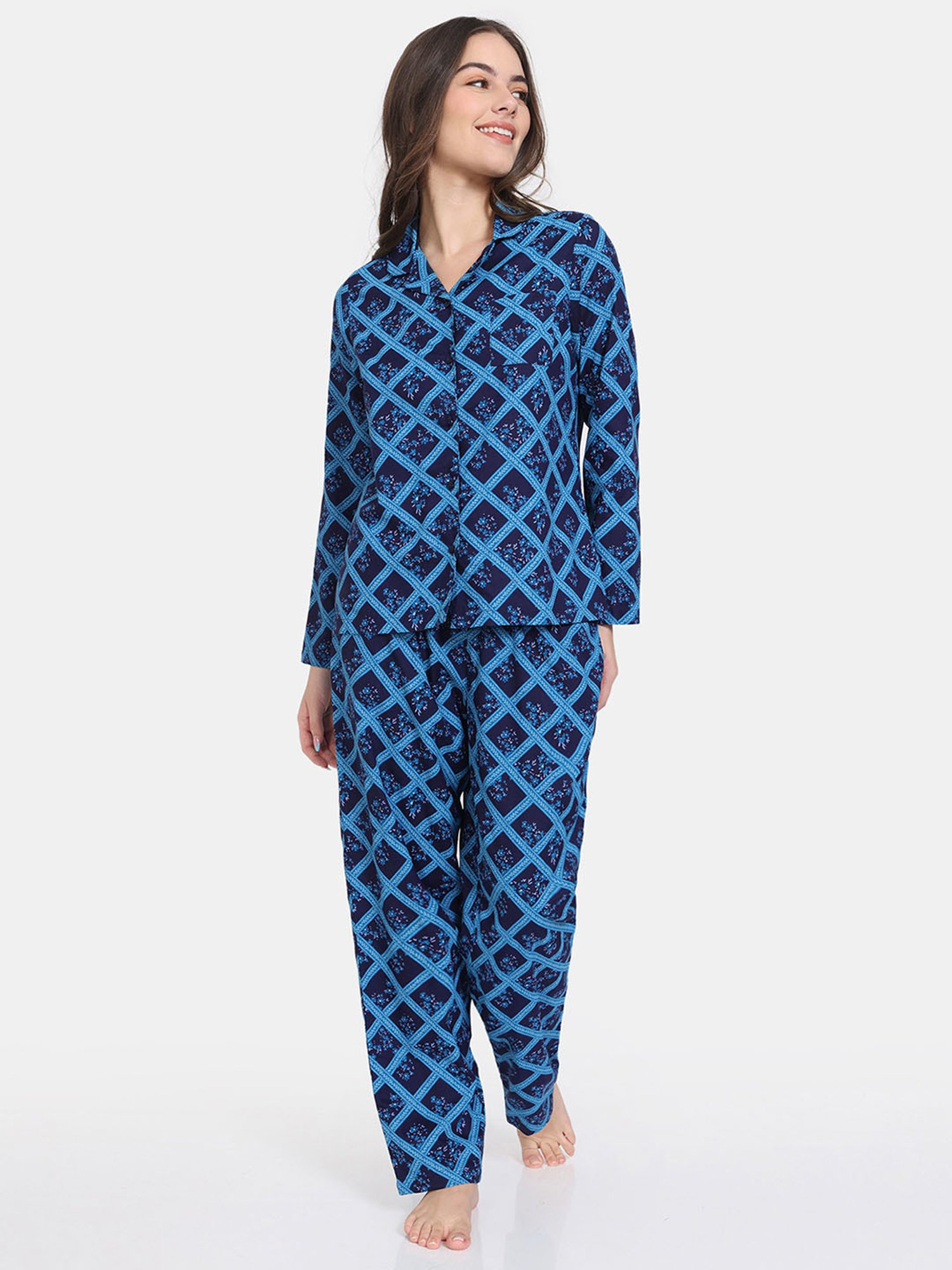 Zivame Blue Printed Shirt With Pyjamas