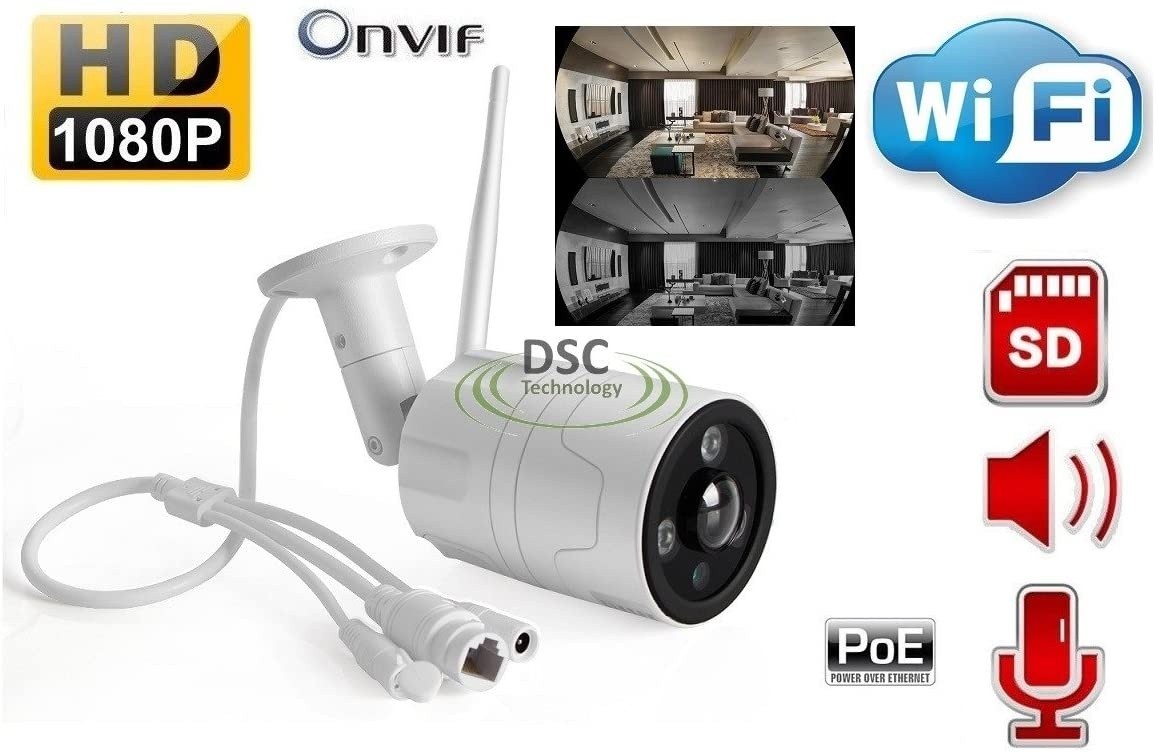 HD 1080P PoE Wireless Security Camera 180 Degree Fisheye Outdoor Bullet IP Camera Smart WiFi CCTV Security Camera with IR Night Vision,Two-Way Audio, Motion Detection, with 16GB SD Card Pre-Installed