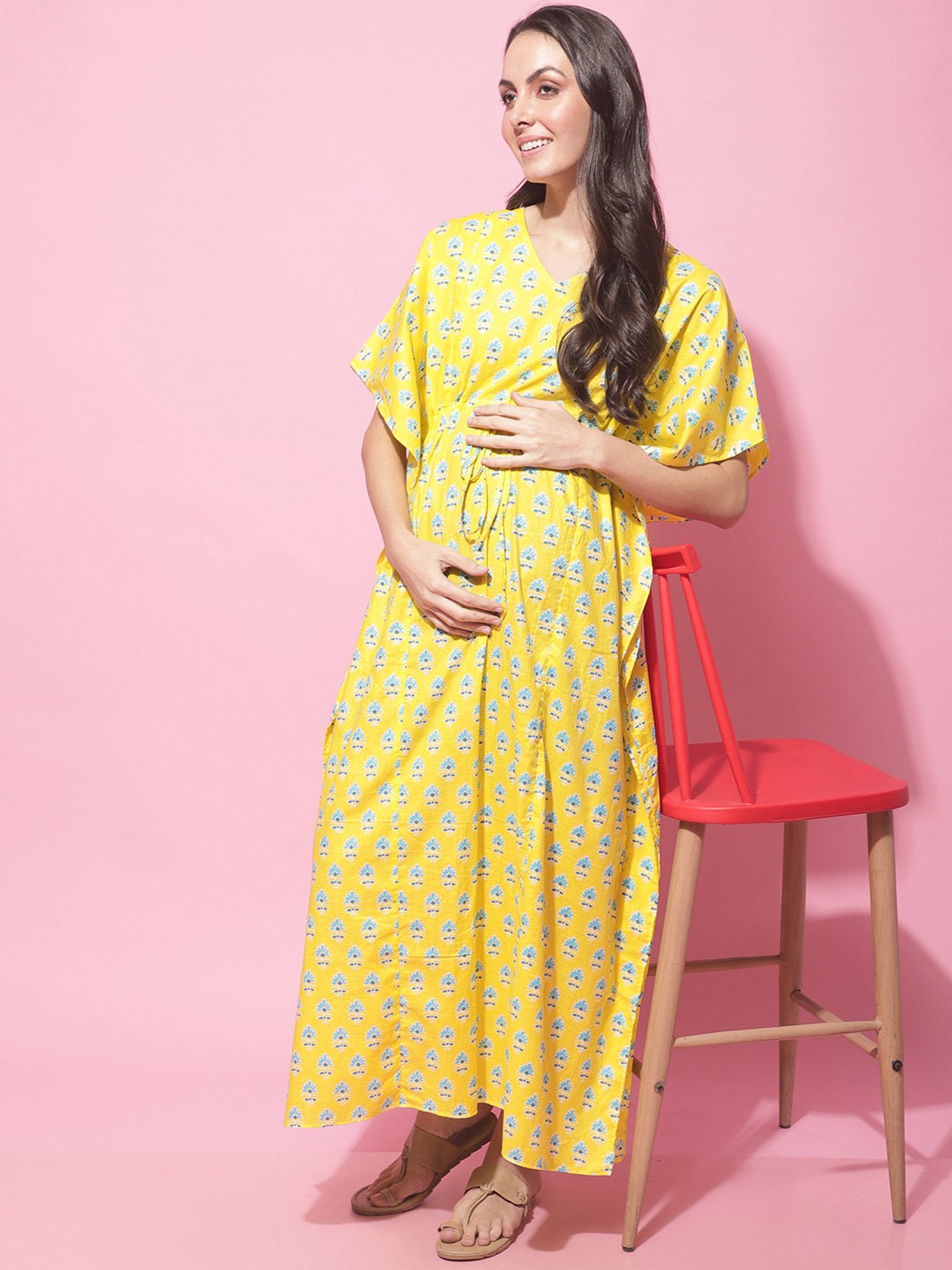 Secret Wish Yellow Printed Maternity Night Dress