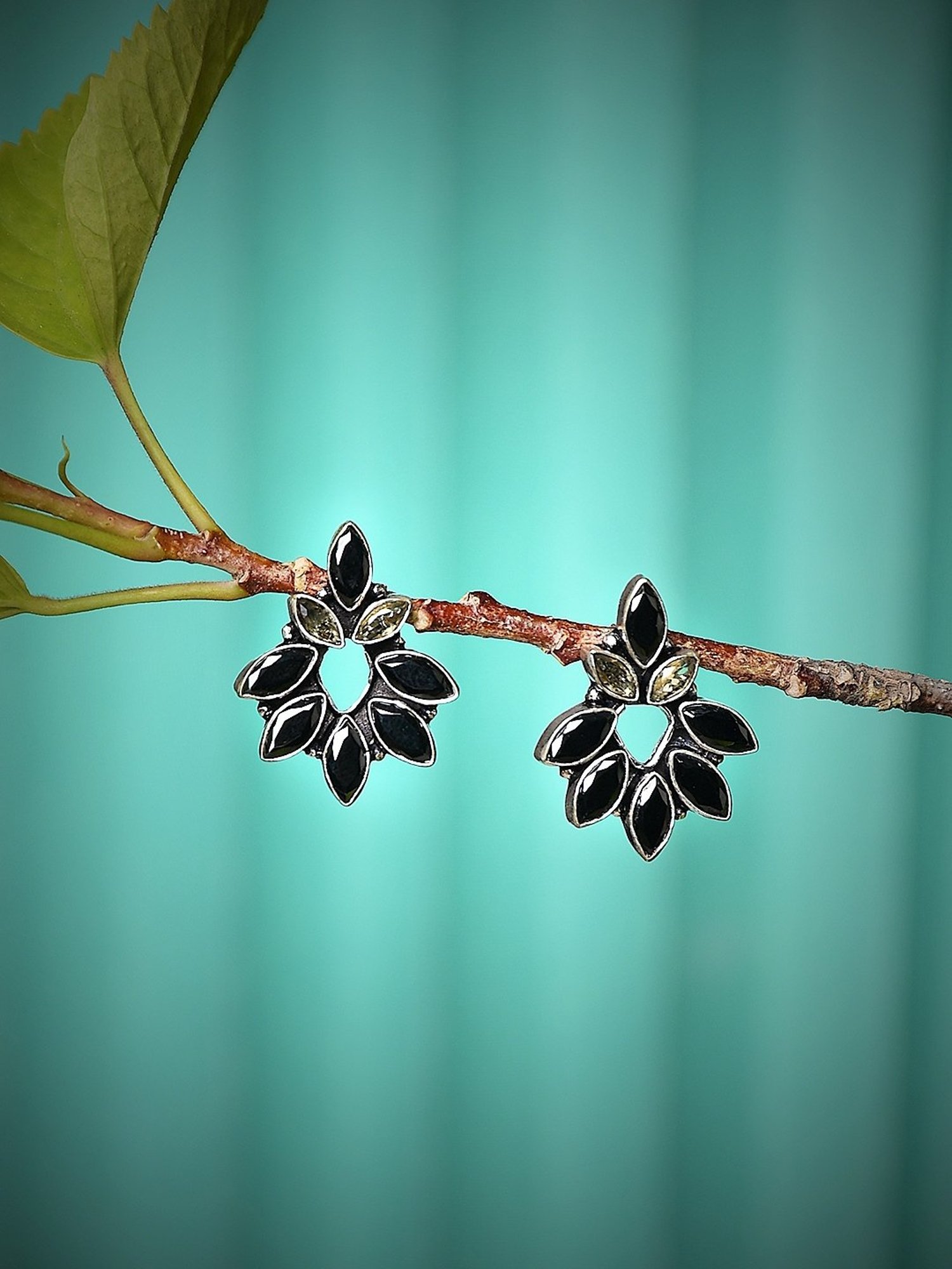 Imli Street Black Silver Tone Stone-Studded Handcrafted Stud Earrings