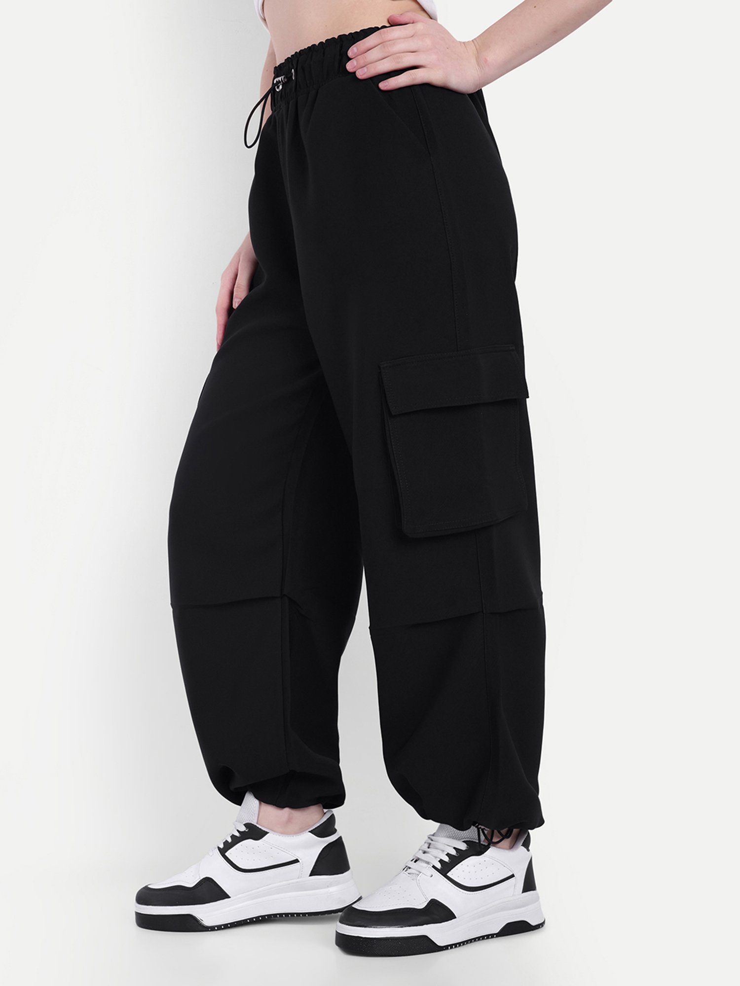 Broadstar Black Regular Fit High Rise Parachute Trousers
