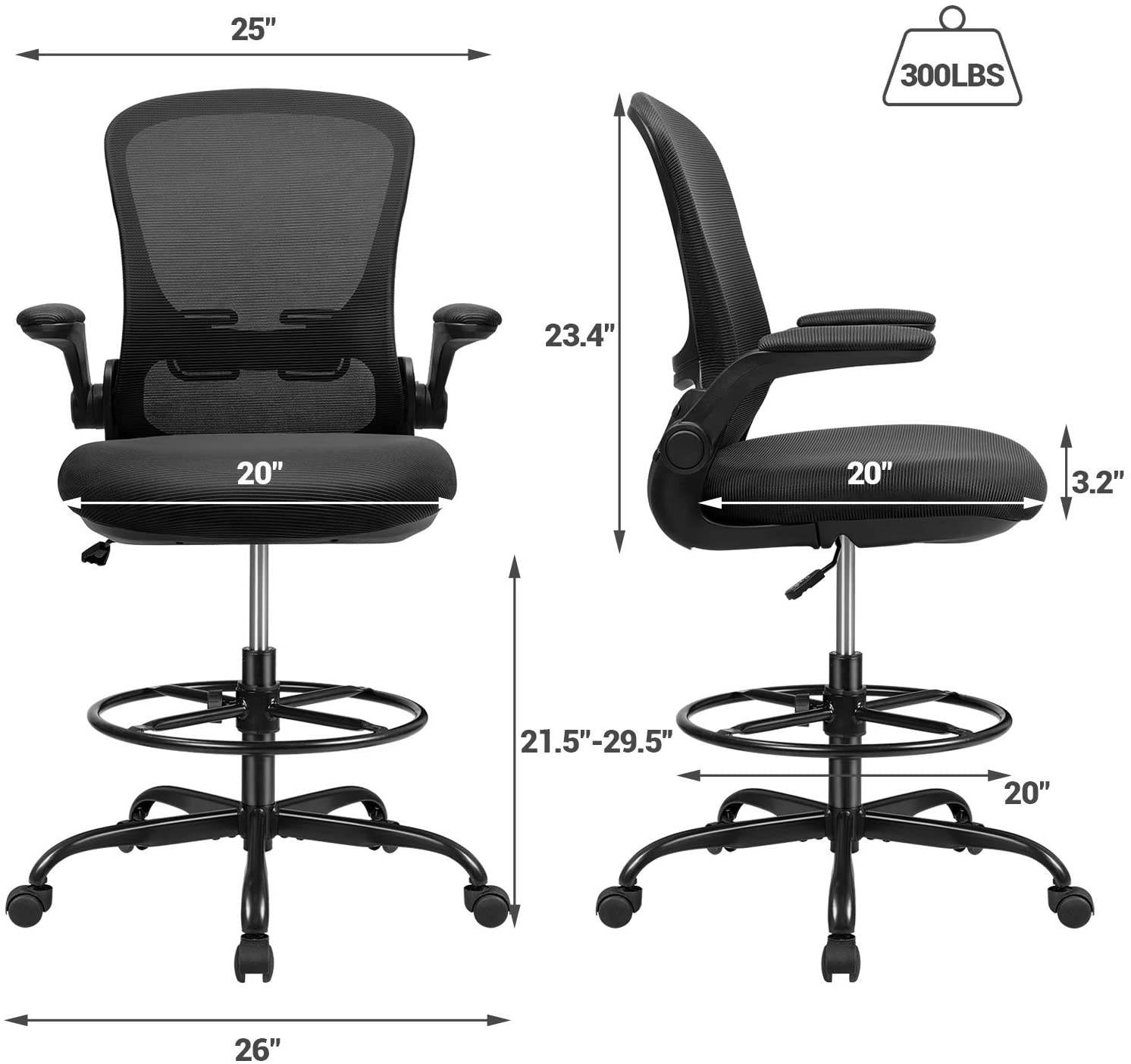 Devoko Drafting Chair Tall Office Chair with Flip-up Armrests Office Desk Chair Ergonomic Mesh Chair Lumbar Support with Adjustable Height (Black)