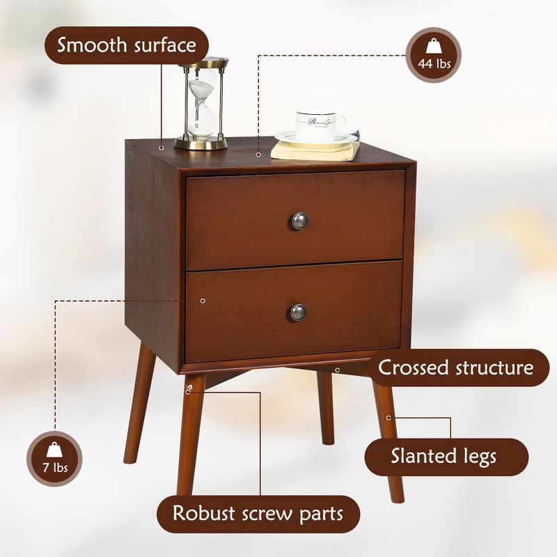 Costway 2PCS Nightstand Mid-Century End Side Table 2 Drawer Rubber Wood Legs Living Room