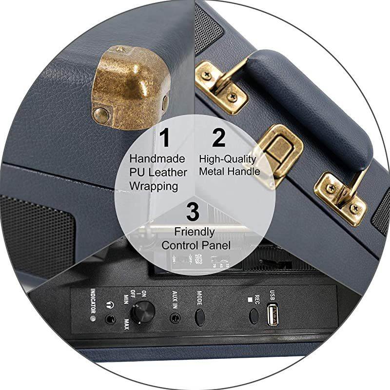 USB Turntable for 334578 RPM RecordVintage Vinyl Record Player with Stereo Speakers RCA OutputampLinein and USB Direct EncodingBlue