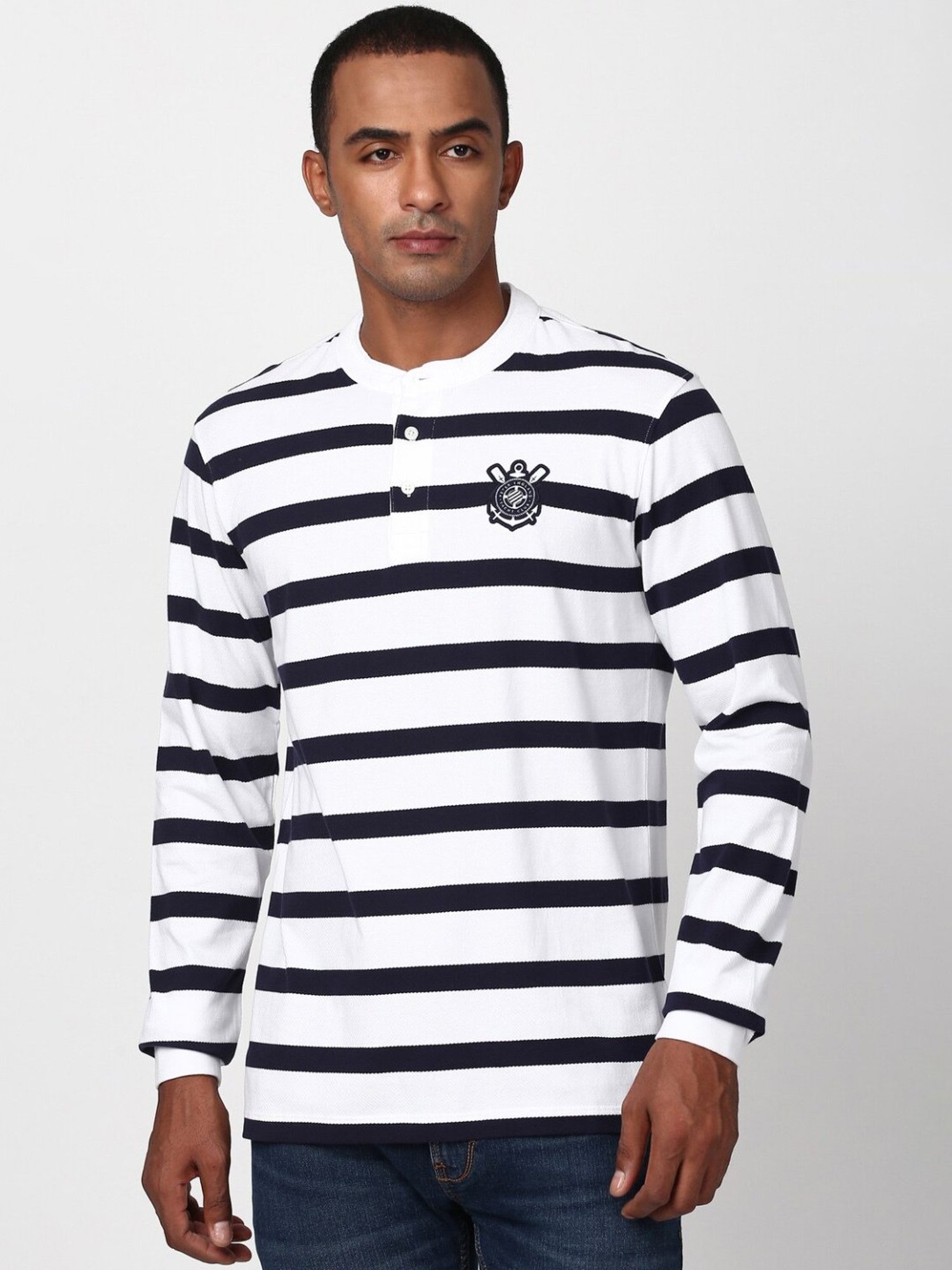 Peter England White Cotton Regular Fit Striped T-Shirt