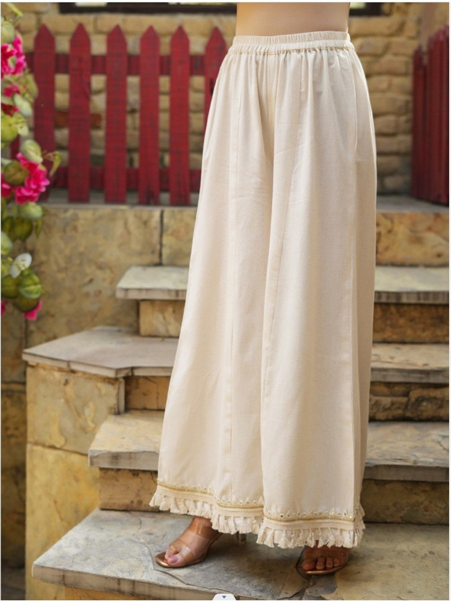 Rain and Rainbow Off White Cotton Palazzos