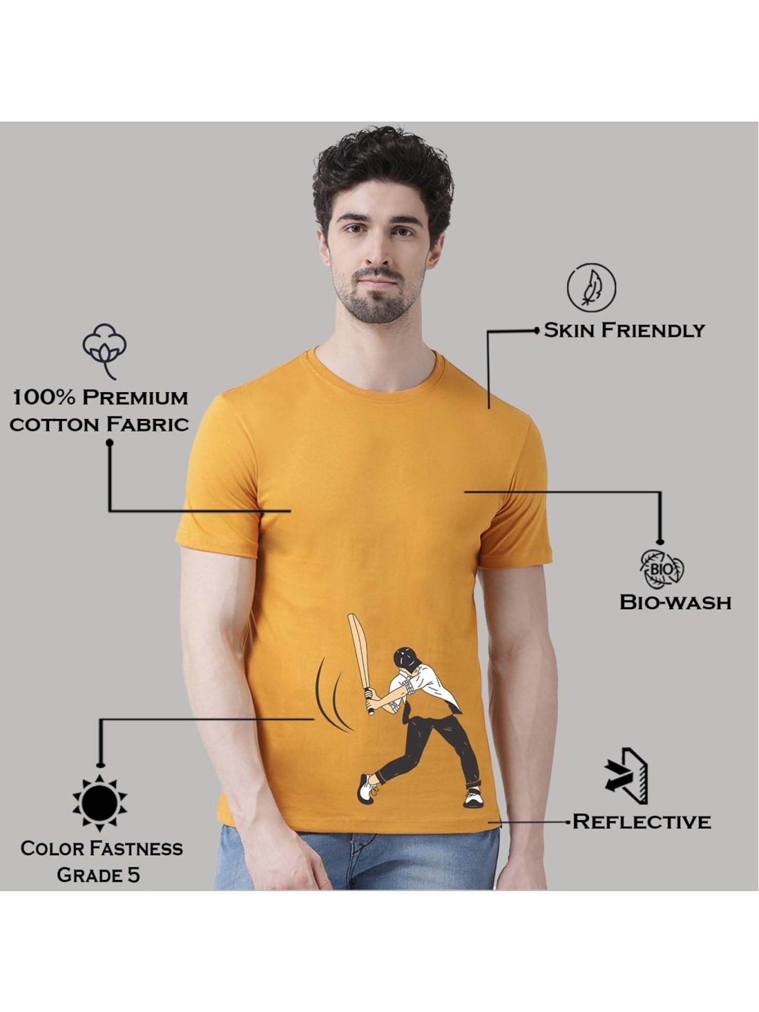 Friskers Mustard Cotton Slim Fit Printed T-Shirt