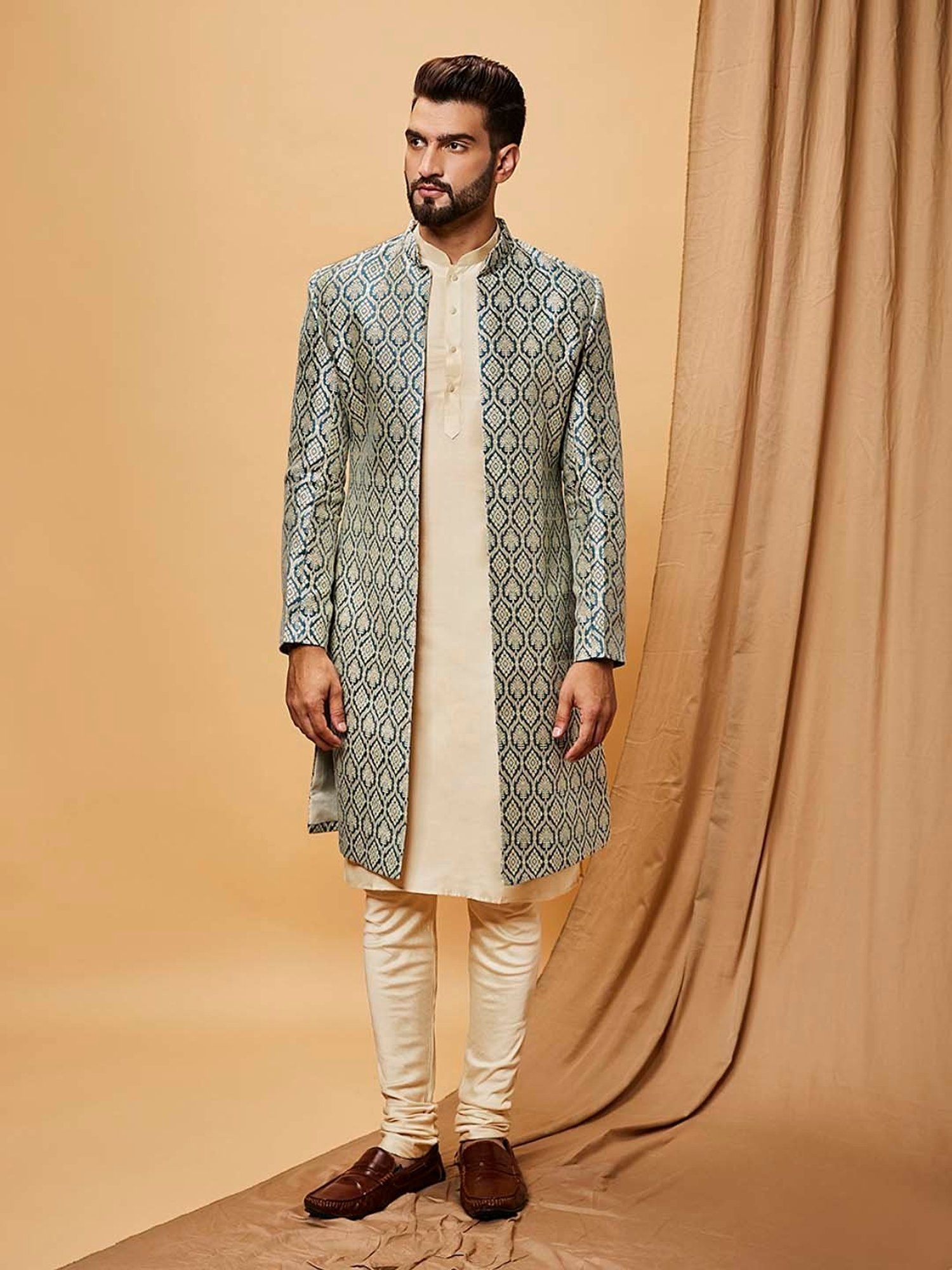 Hangup Plus Beige & Black Regular Fit Printed Sherwani Set