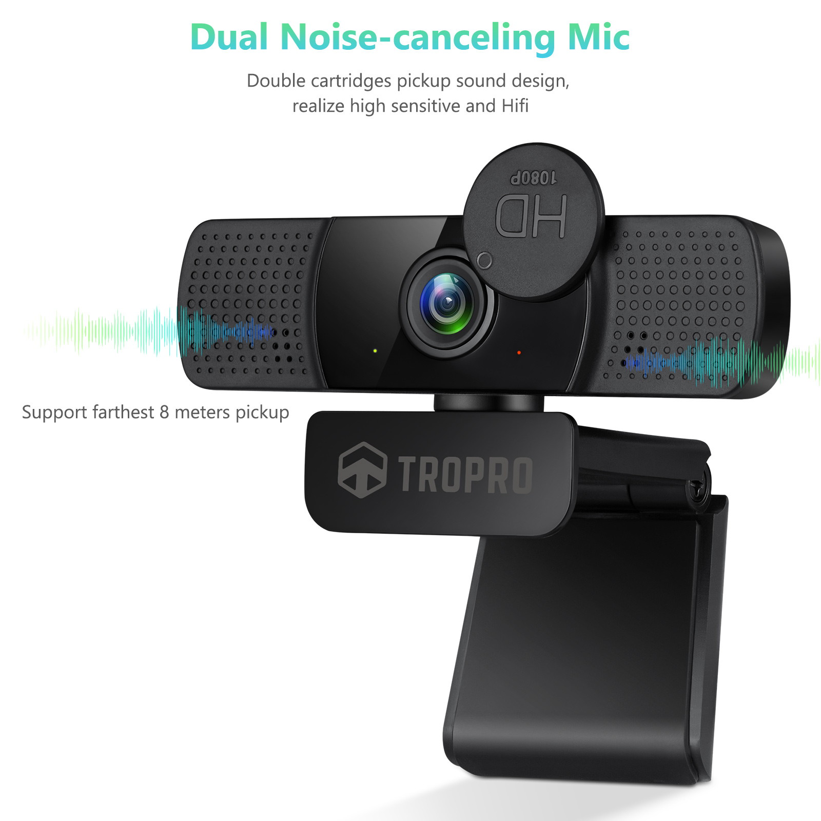 TROPRO Tw8 Webcam with Microphone, 1080P Full HD Computer Camera for PC with Cover, Expandable Tripod, USB Web Camera with Cover for Video Calls, Streaming, Skype, Zoom, Teleconference