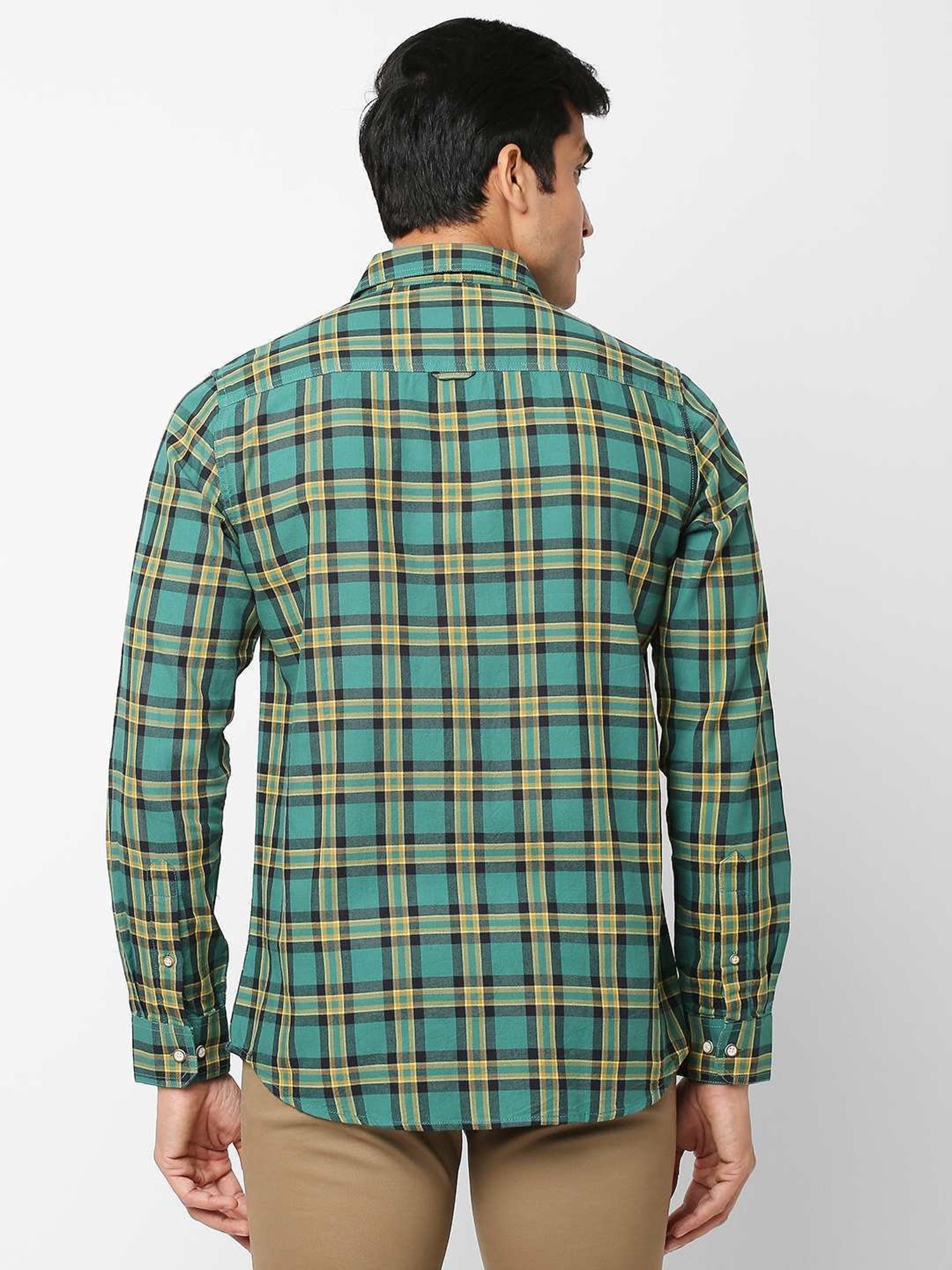 SOLEMIO Green & Yellow Cotton Slim Fit Checks Shirt