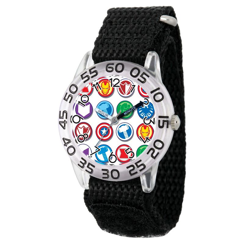 Boys' Marvel's Avengers Marvel Group Logo Clear Plastic Time Teacher Watch - Black