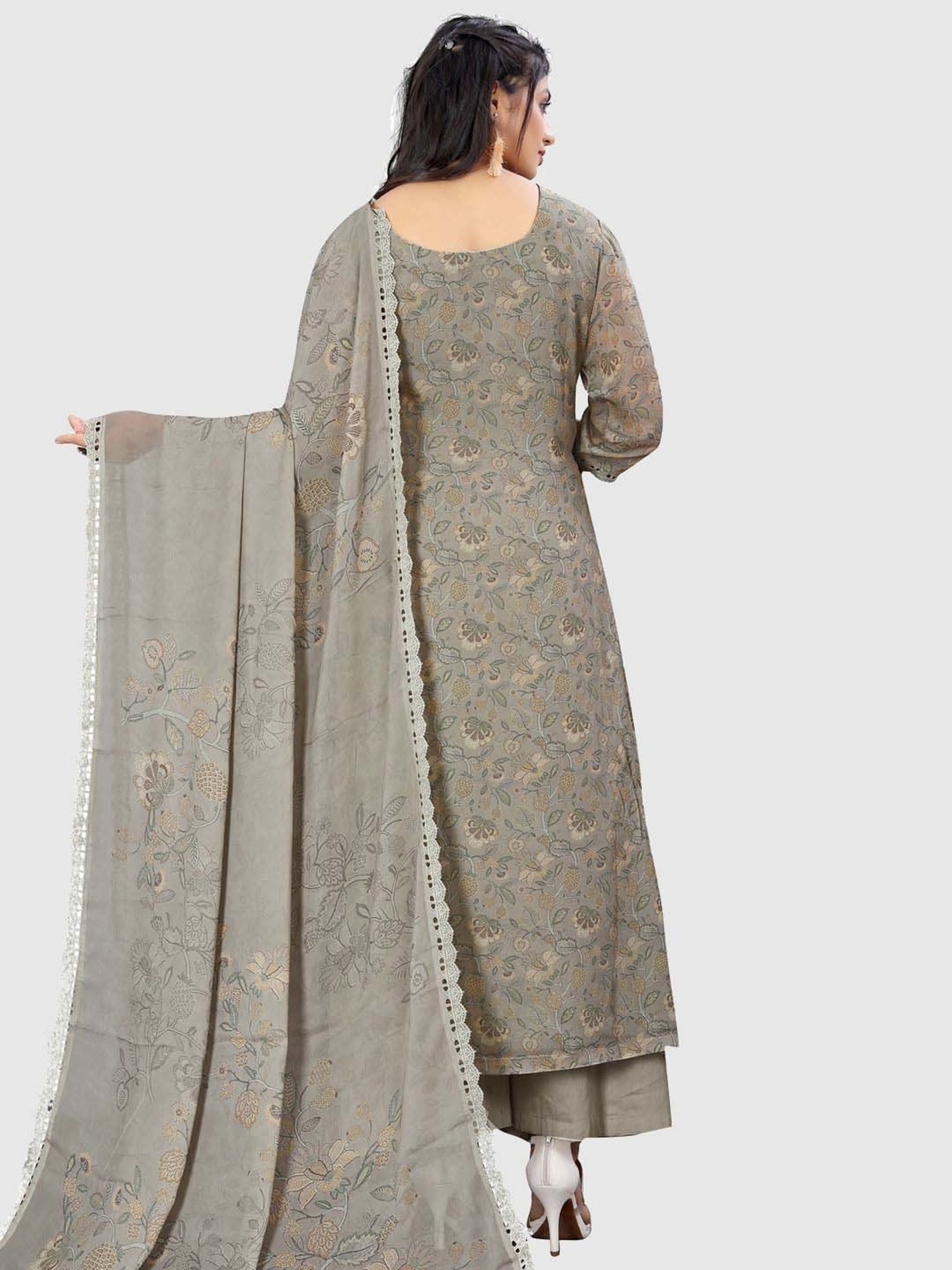 Stylee LIFESTYLE Grey Floral Print Unstitched Dress Material