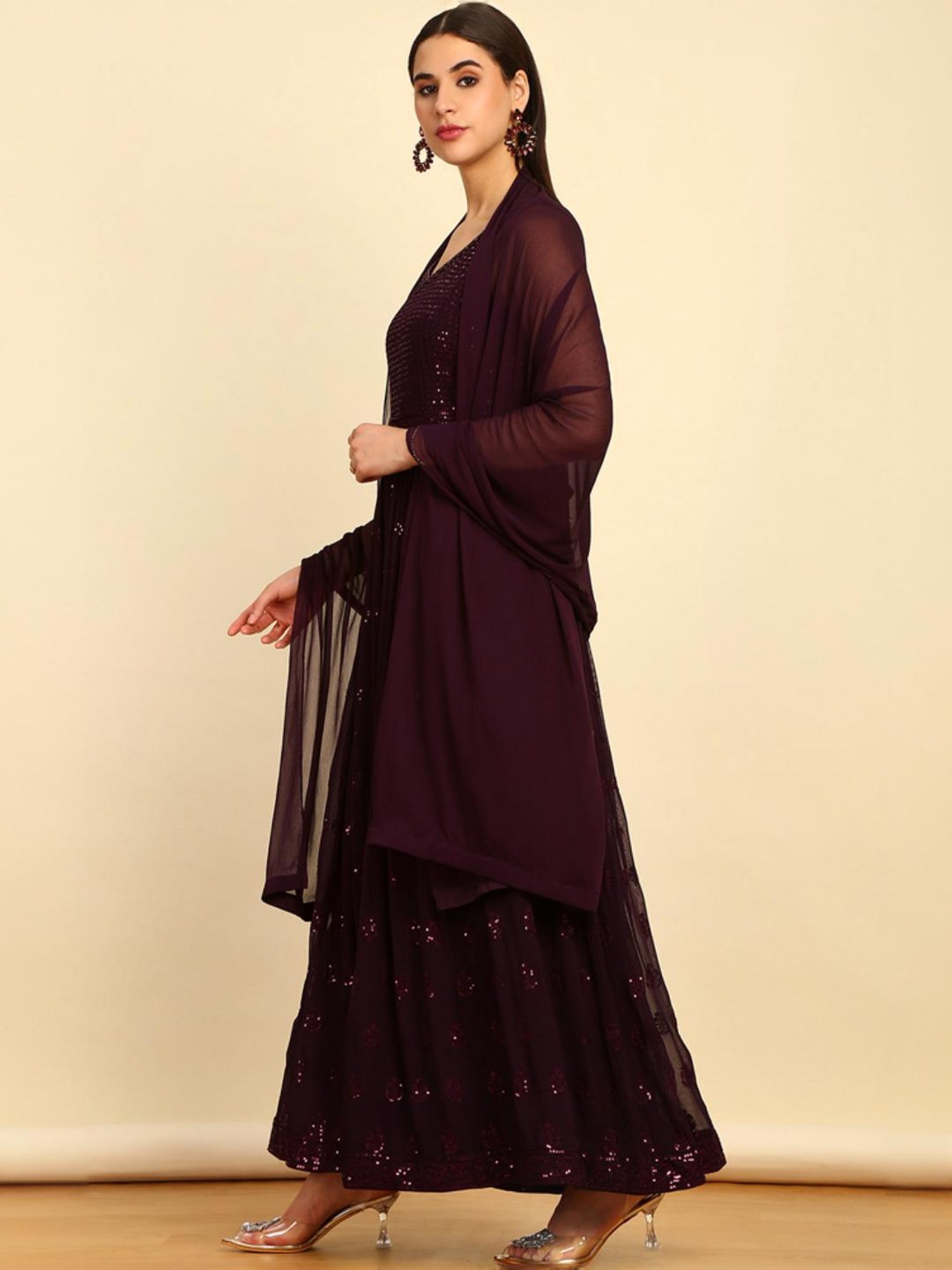 Soch Womens Wine Embellished Georgette Jumpsuit With Dupatta & Belt