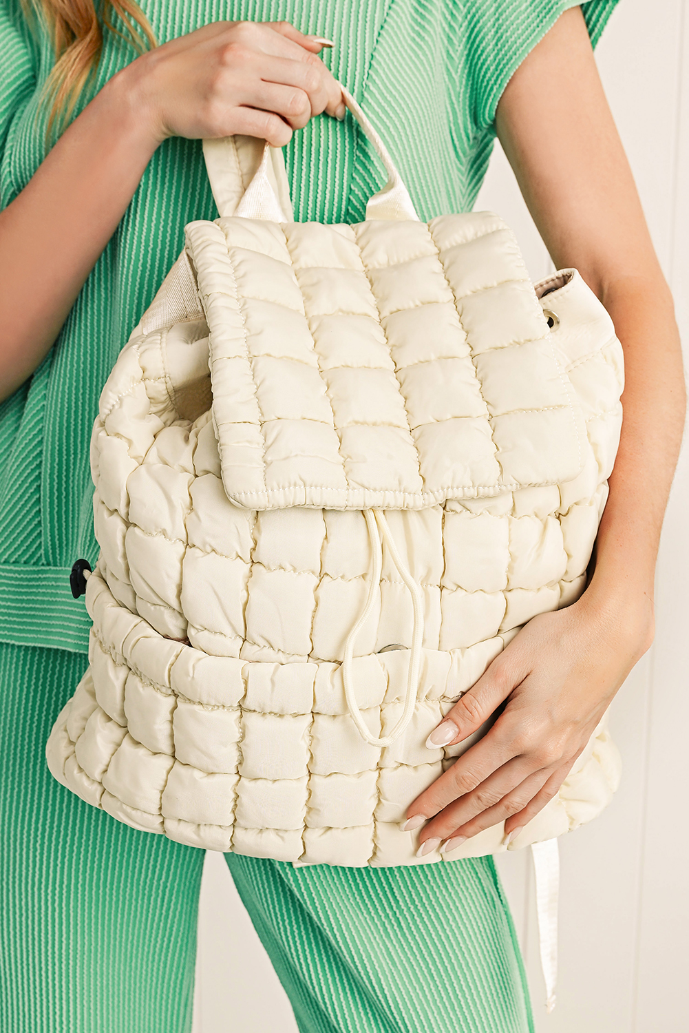 White Solid Flapped Quilted Puffer Backpack
