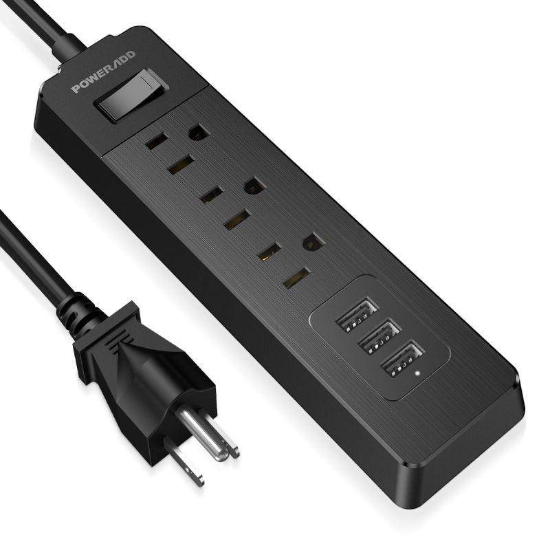 Poweradd 300J 3 Outlet Power Strip Surge Protector 3 USB Charging Ports with 5ft Heavy Duty Power Extension Cord 1250W/10A, Black