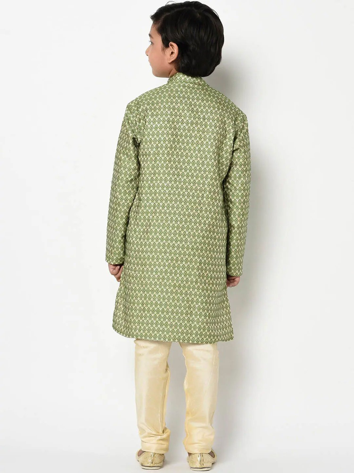 Deyann Kids Green & Cream Embroidery Full Sleeves Kurta with Pyjamas