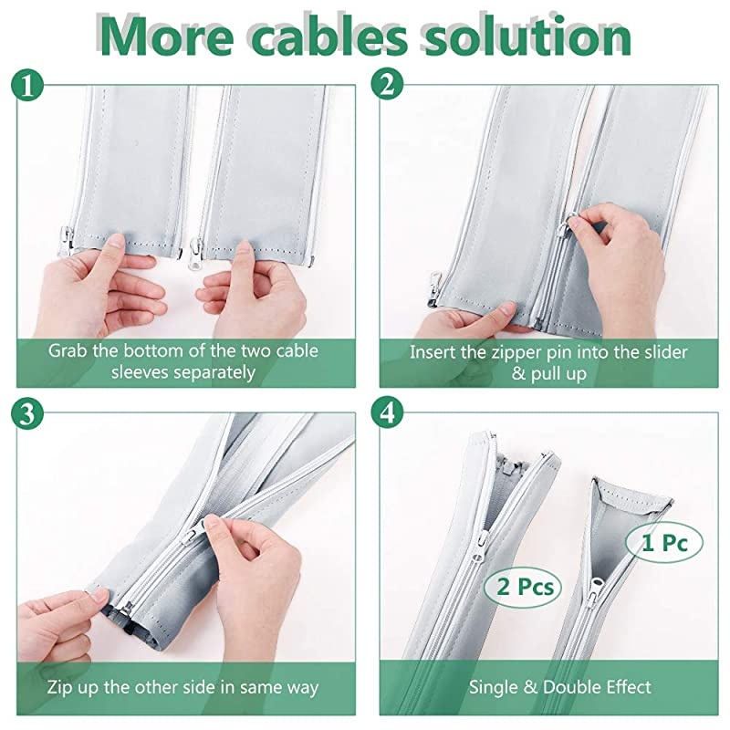 Management Sleeve with Zipup 39 Inch Durable Adjustable Cord Sleeve Wire Cover Concealer Wrap Protect s from Pets Chewing for ComputerTV Greyish White 2 Pcs