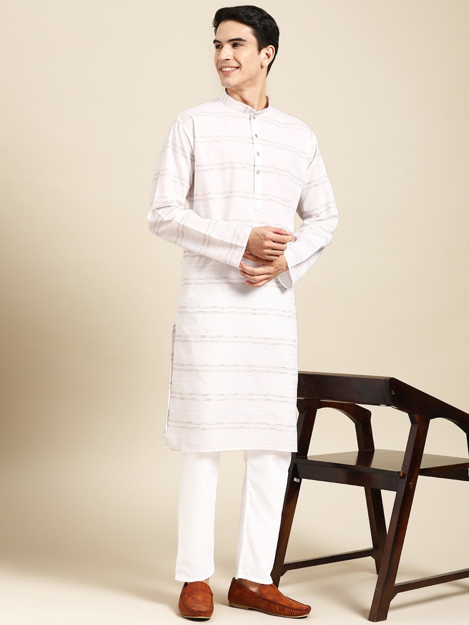 ManQ White Pure Cotton Regular Fit Striped Kurta